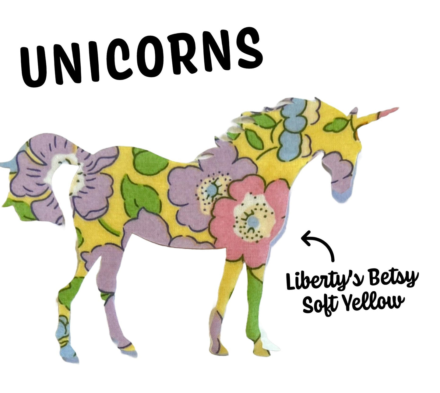 Iron on Unicorns, made with over 70 Liberty of London fabric options to choose from, Fun with DIY crafts, upcycling clothes, baby showers!