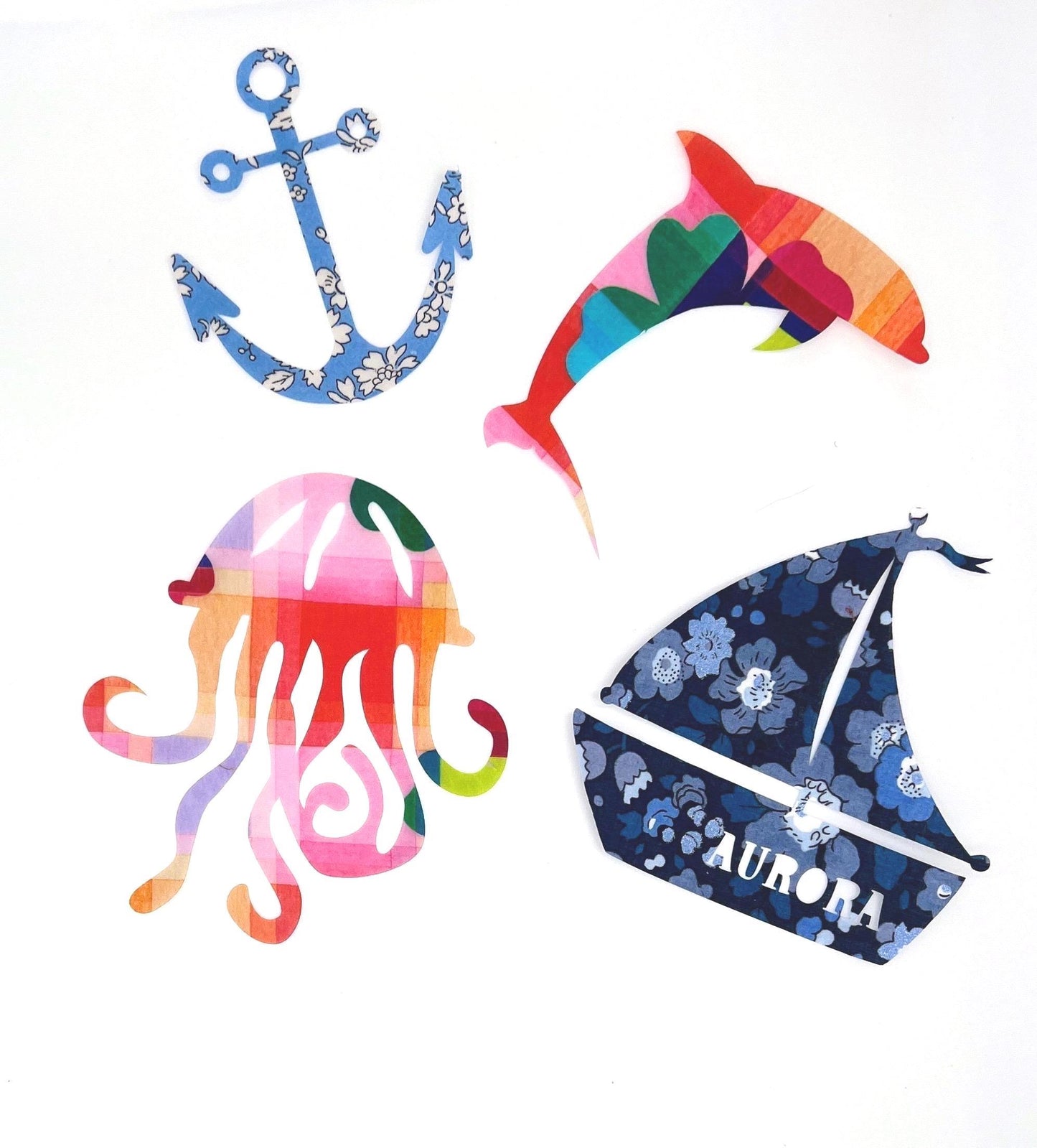 Onesie and Bib Decorating Kit - Customize these Charming Seaside patches, iron on decals made with over 70 Liberty of London fabric!