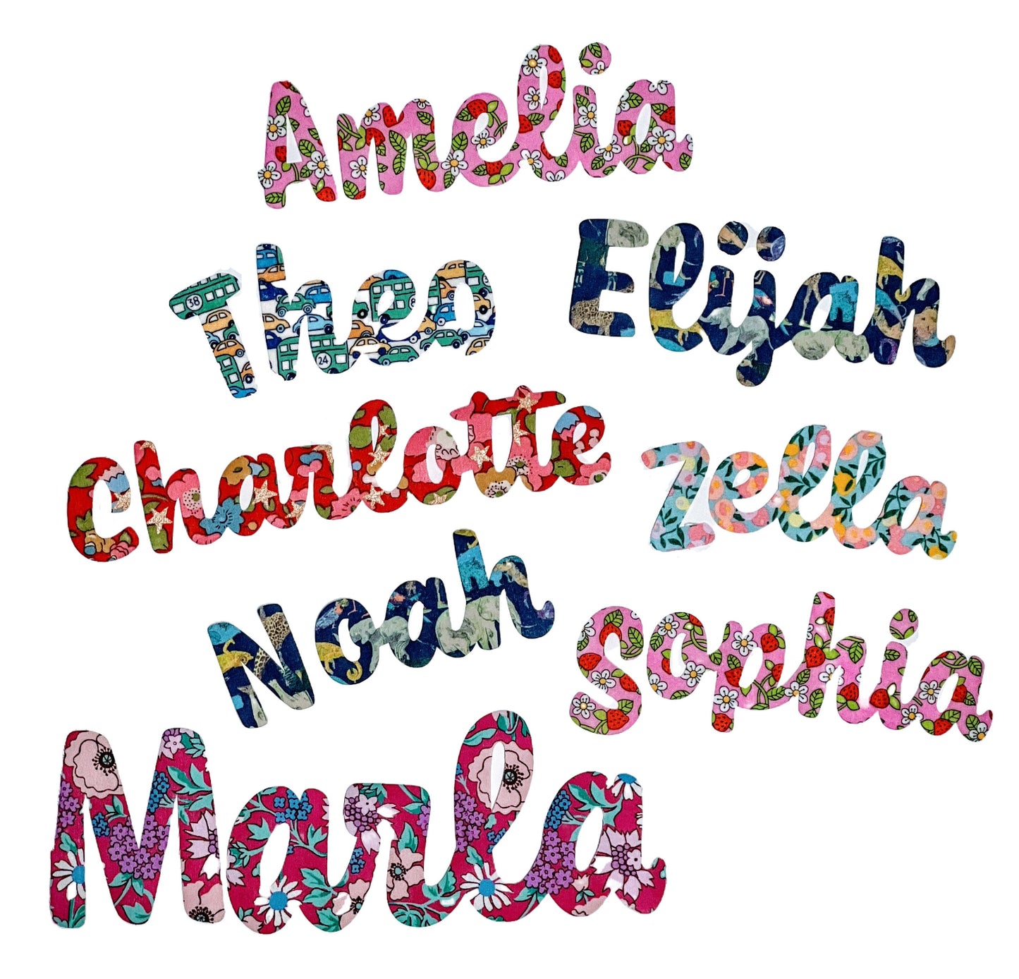 Iron on Names in a variety of Liberty of London fabrics, Customize clothes, quilts + more! Easy No Sew and Stitchable iron on backing!
