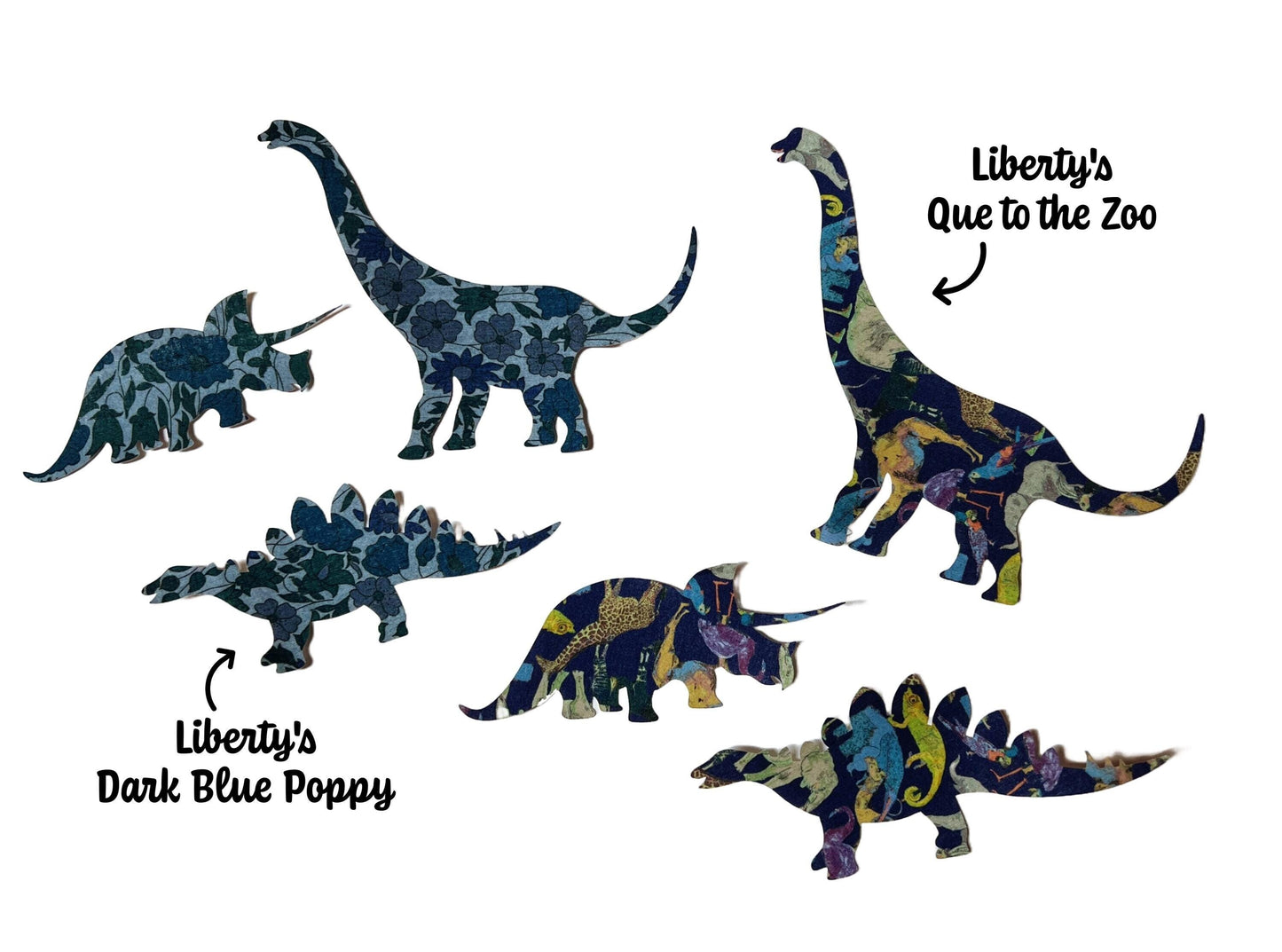 Iron on fabric Dinosaurs in over 70 Liberty of London fabrics, Pre-cut iron on dinos are perfect for quick, easy and custom boys decor