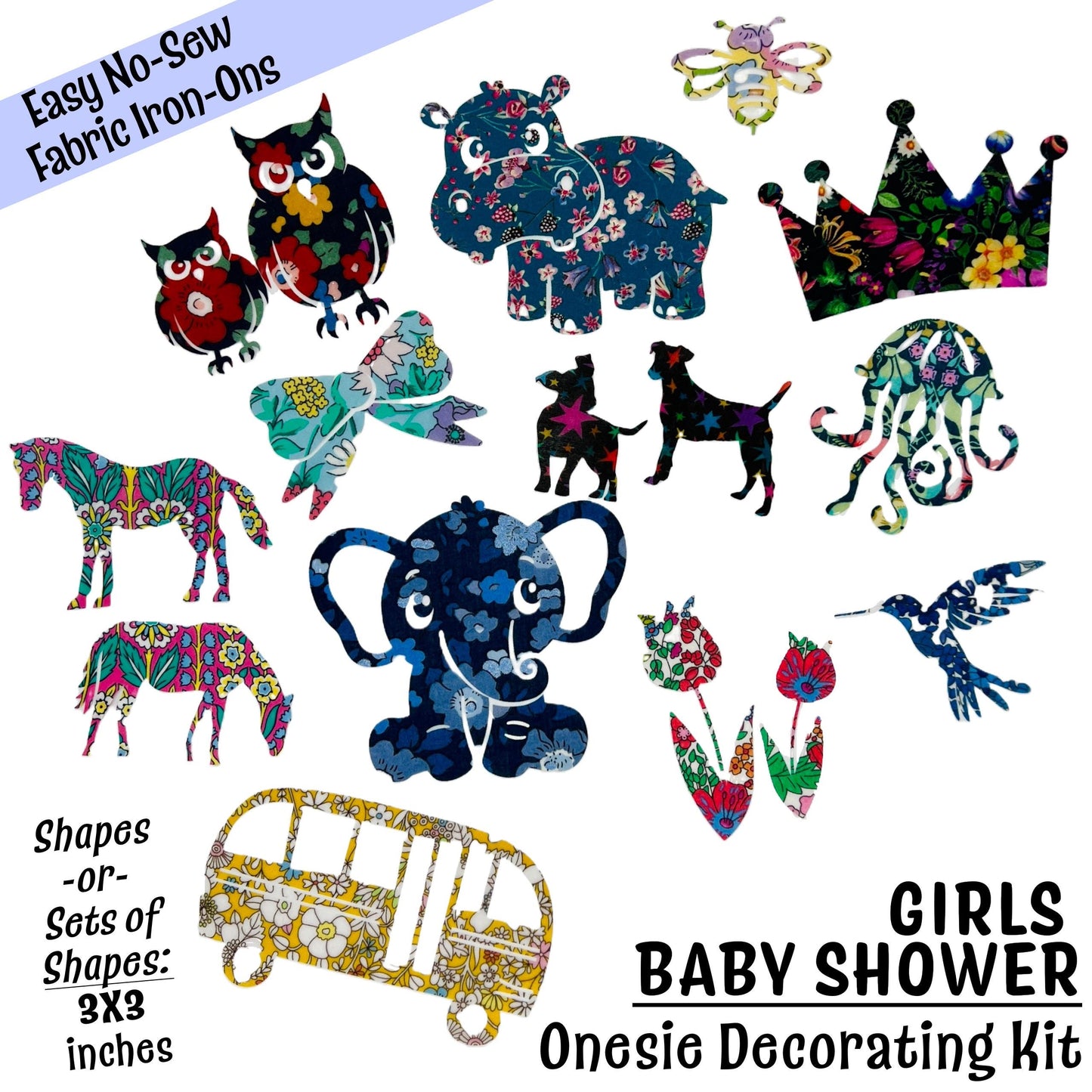 Girls Onesie and Bib Decorating Kit: Easy No Sew Iron Ons, Each in a different colorful Liberty of London Fabrics, Girls Baby Shower Games