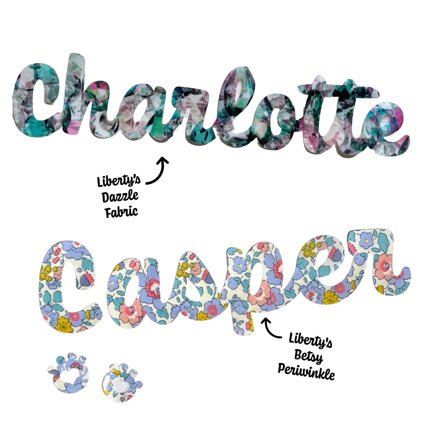 Iron on Names in a variety of Liberty of London fabrics, Customize clothes, quilts + more! Easy No Sew and Stitchable iron on backing!
