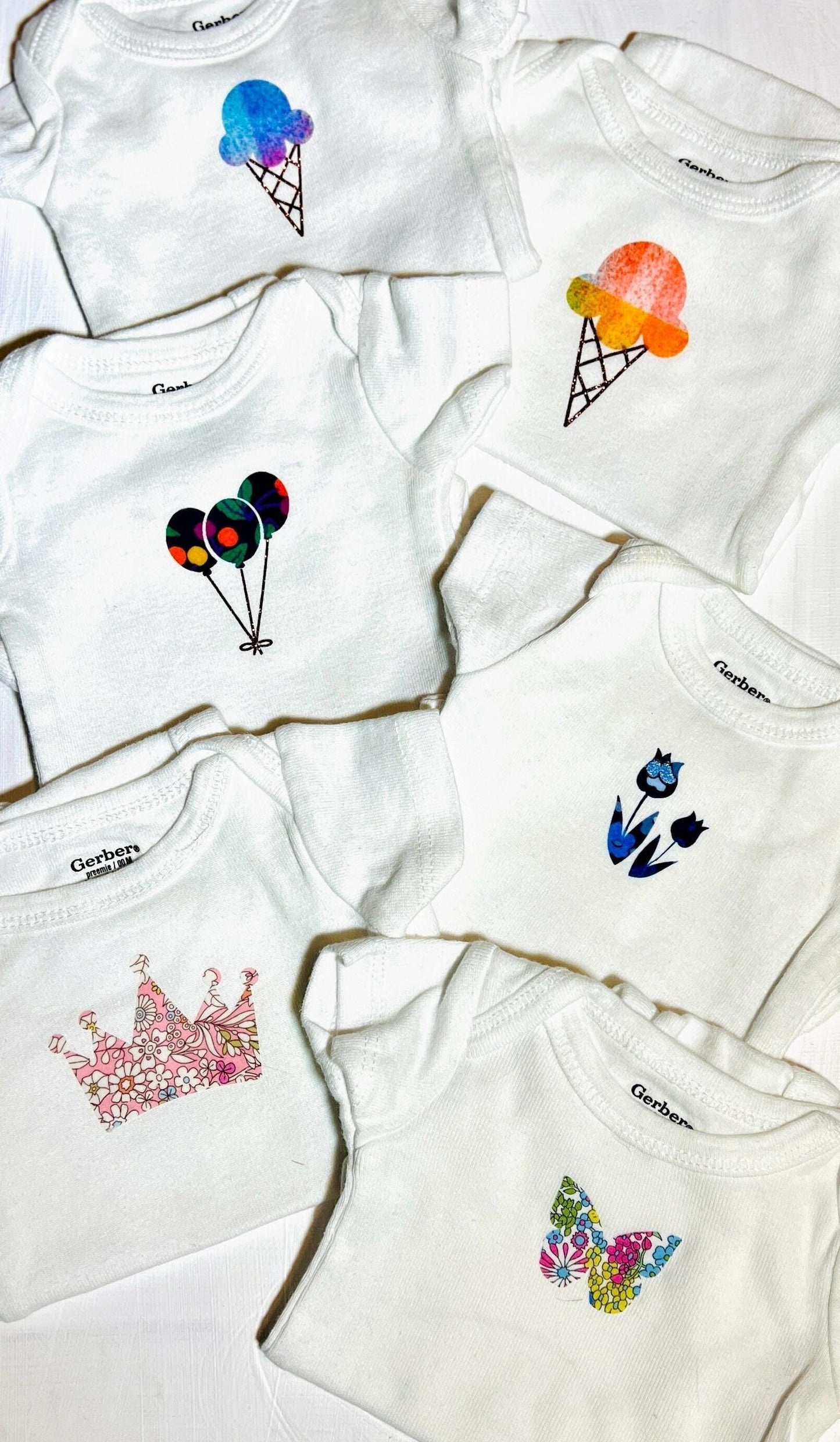 Girls Onesie and Bib Decorating Kit: Easy No Sew Iron Ons, Each in a different colorful Liberty of London Fabrics, Girls Baby Shower Games