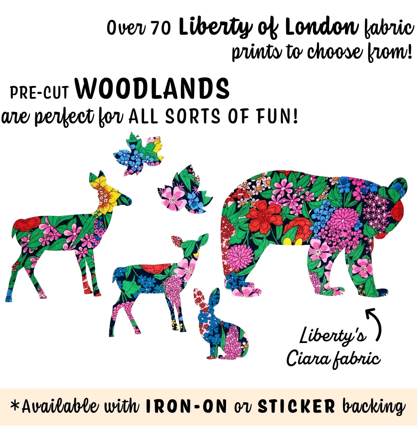 Forest Animal Iron-ons in Liberty of London fabric options, Perfect for applique quilting, upcycling kids clothes! no-sew+stitchable options