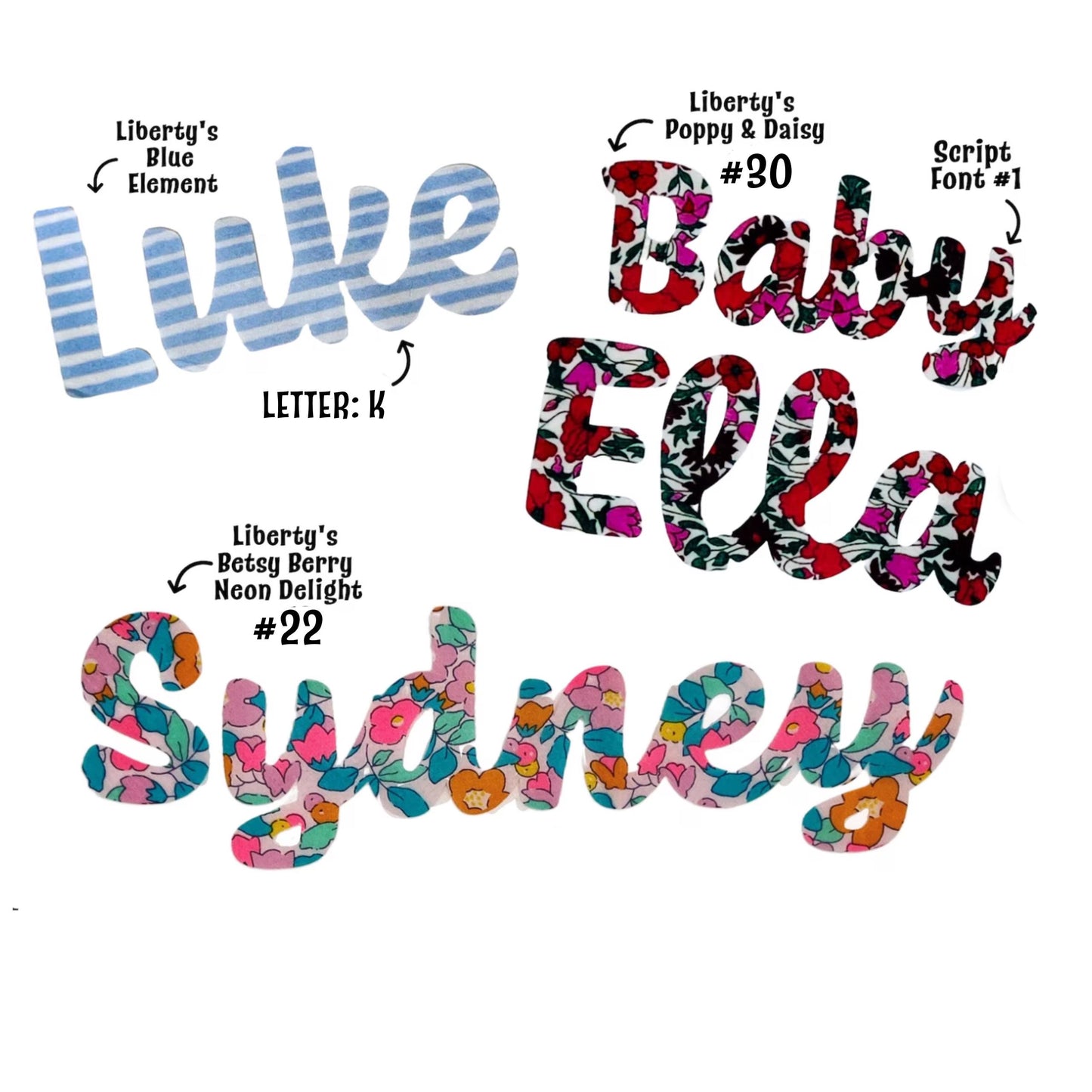 Fabric Iron-On Script Name Applique, Liberty of London fabric cut out letters & numbers, personalized patch