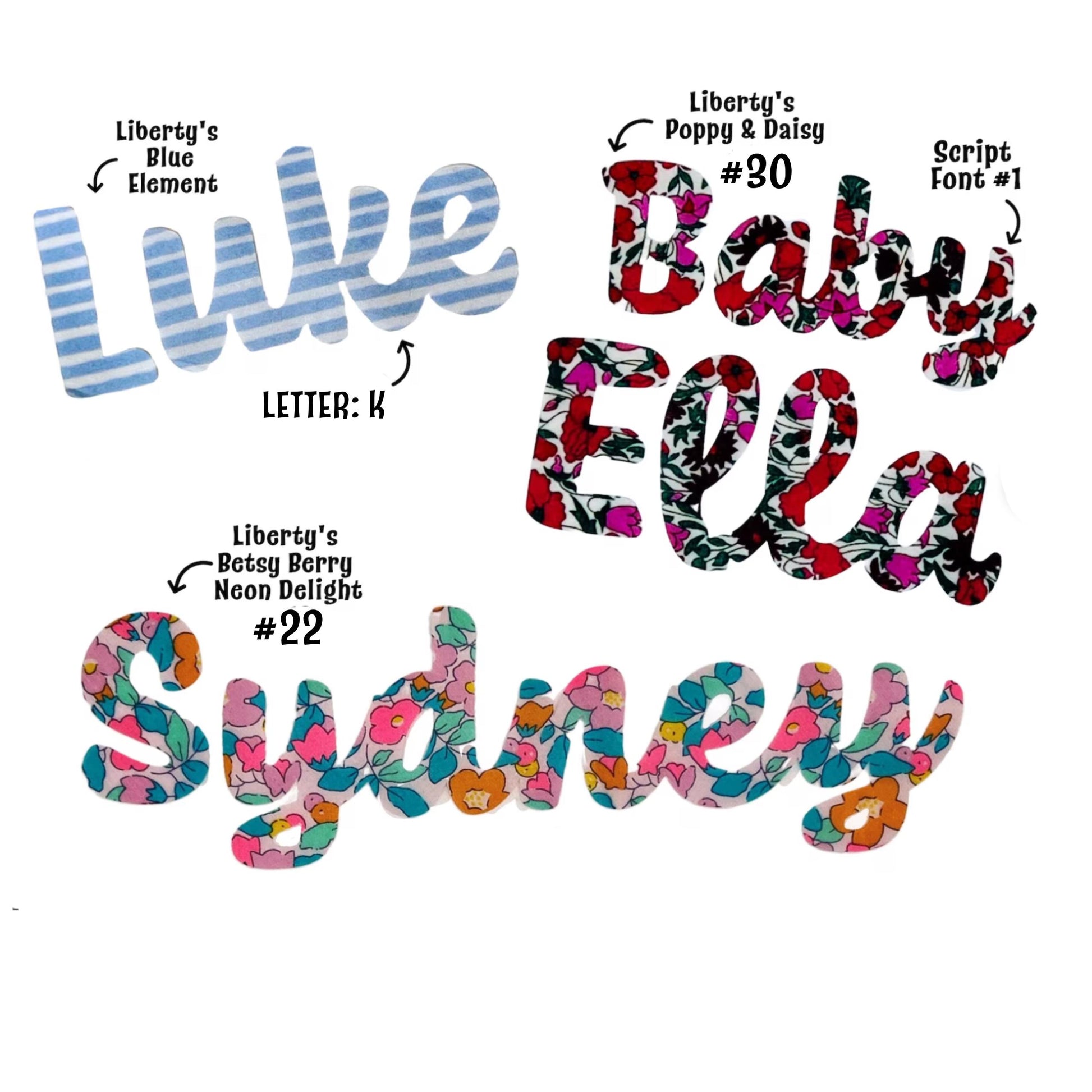 Fabric Iron-On Script Name Applique, Liberty of London fabric cut out letters & numbers, personalized patch
