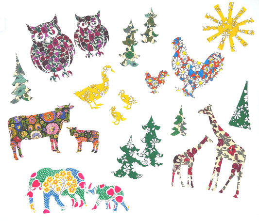 Baby Onesie Decorating Station Kit with Mama and Baby Animal Iron Ons, each in a different Liberty of London fabrics, Baby shower crafts