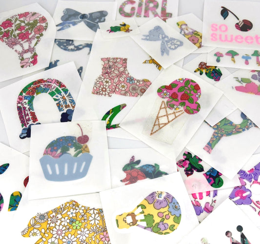 Girls Onesie and Bib Decorating Kit: Easy No Sew Iron Ons, Each in a different colorful Liberty of London Fabrics, Girls Baby Shower Games