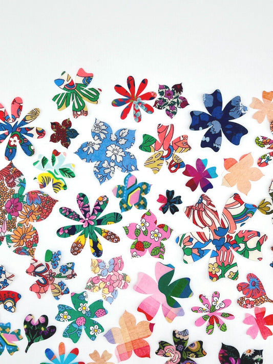 A grab bag of Iron-on 10-50 flowers in Liberty of London fabrics, Perfect for crafts, patchwork quilting, baby showers onesie decorating!