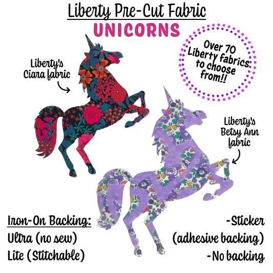 Iron on Unicorns, made with over 70 Liberty of London fabric options to choose from, Fun with DIY crafts, upcycling clothes, baby showers!
