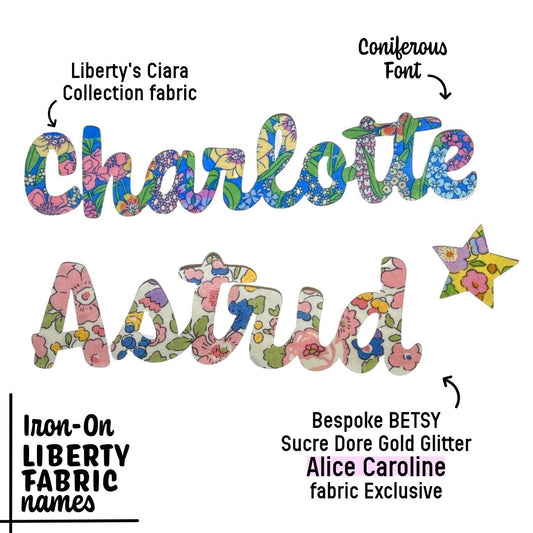 Iron on Names in a variety of Liberty of London fabrics, Customize clothes, quilts + more! Easy No Sew and Stitchable iron on backing!