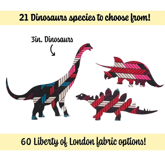 Iron on fabric Dinosaurs in over 70 Liberty of London fabrics, Pre-cut iron on dinos are perfect for quick, easy and custom boys decor