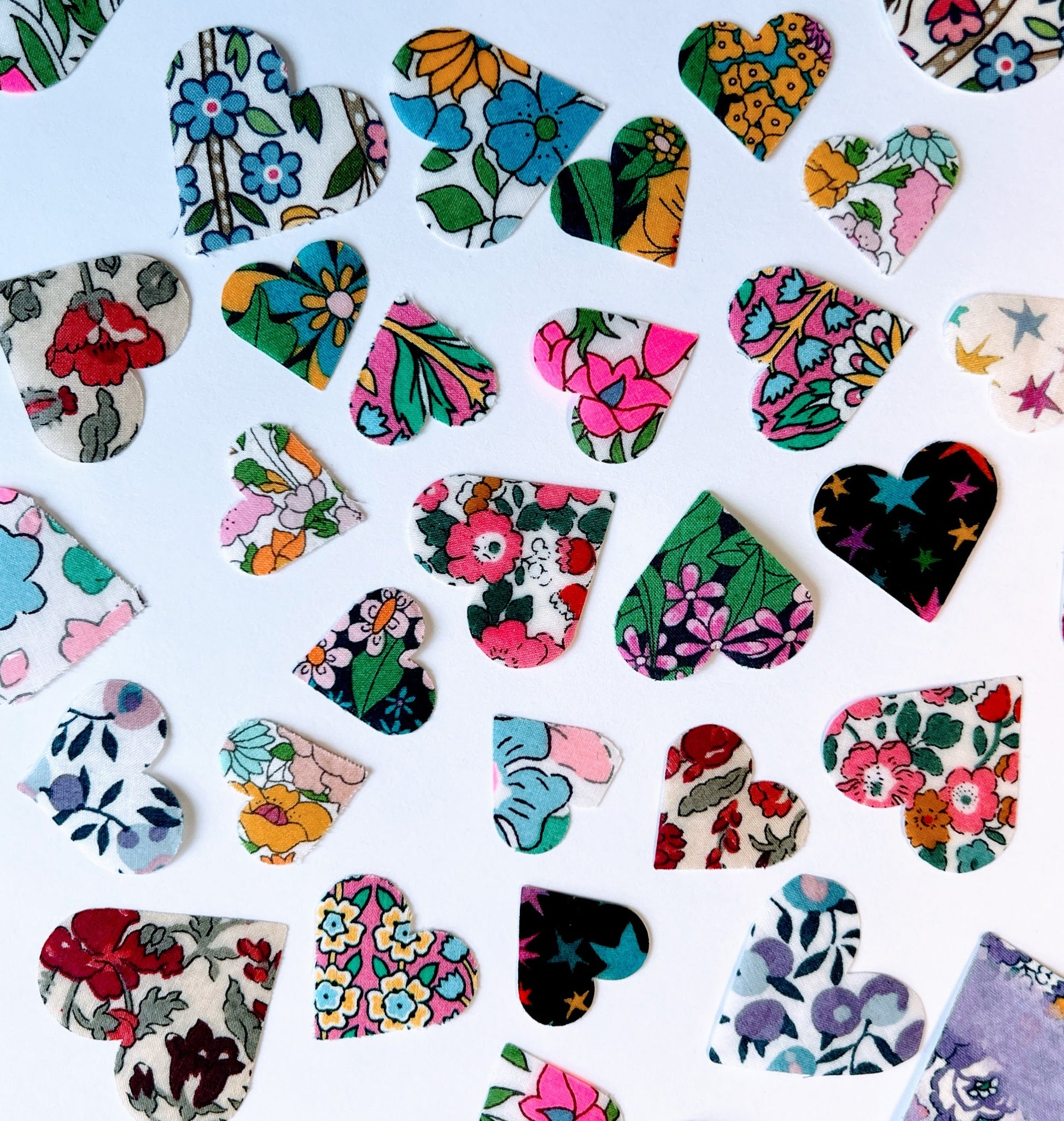 Iron on Hearts in various colorful Liberty of London fabrics, Perfect for upcycling, quilting, baby onesie decorating (Ready to Ship)