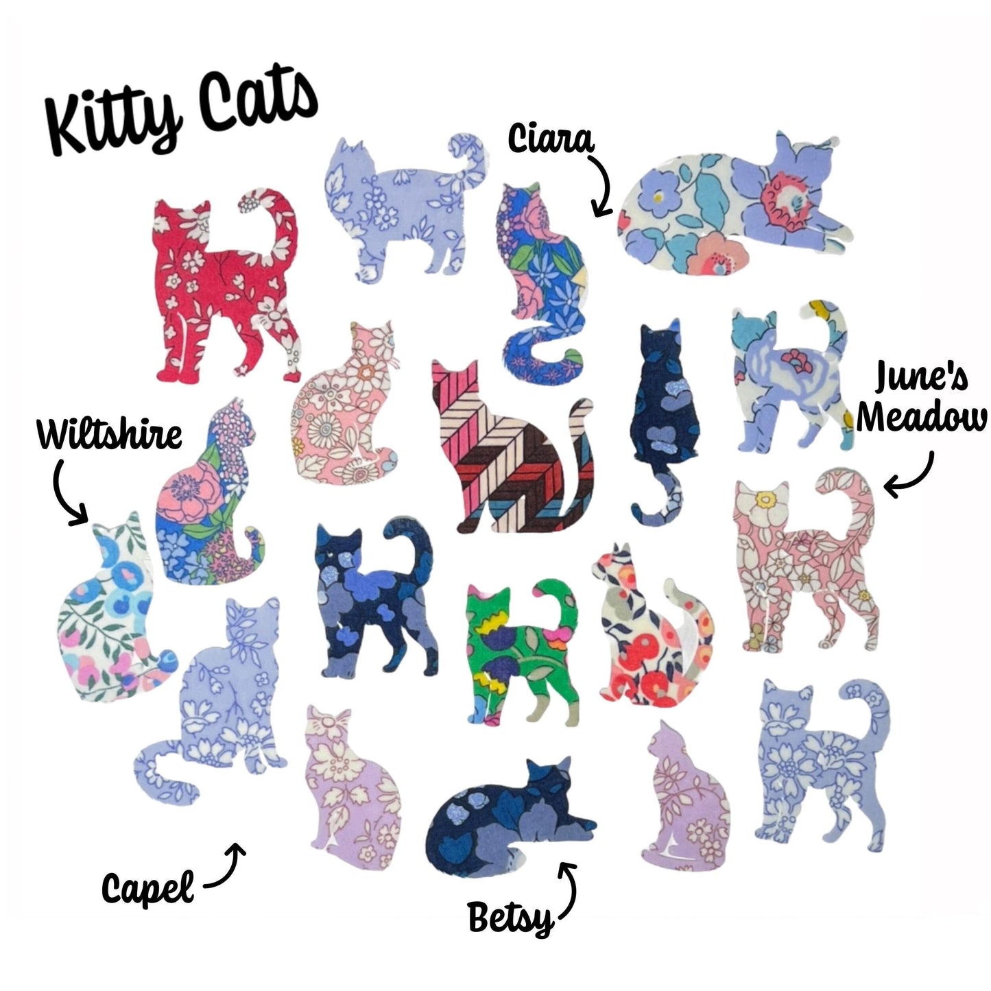 Set of 3 Cats, Iron on fabric Cat Applique, 70 Liberty fabrics, for patchwork quilting, upcycling clothes, Baby Shower Onesie Decorating Kit