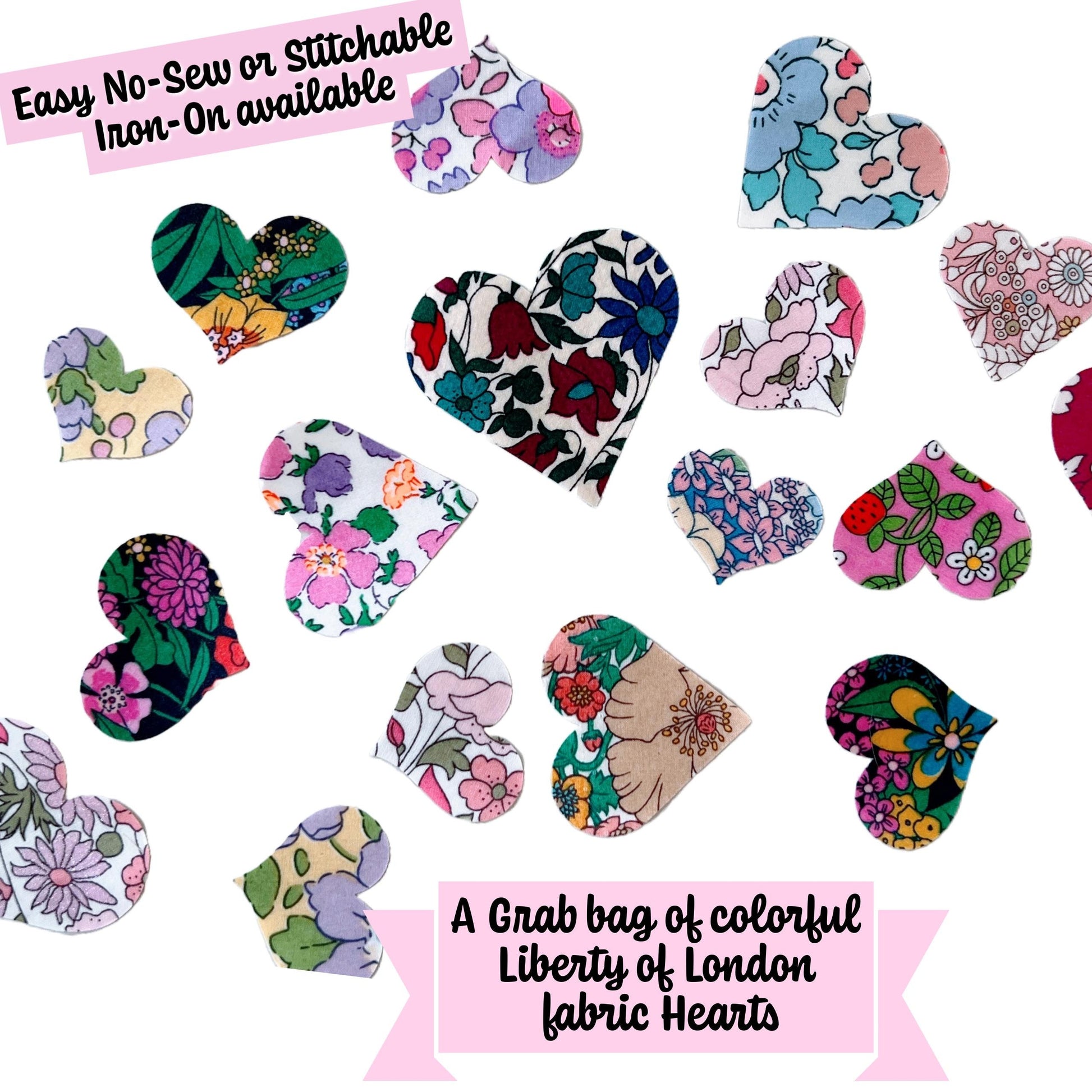 Iron on Hearts in various colorful Liberty of London fabrics, Perfect for upcycling, quilting, baby onesie decorating (Ready to Ship)