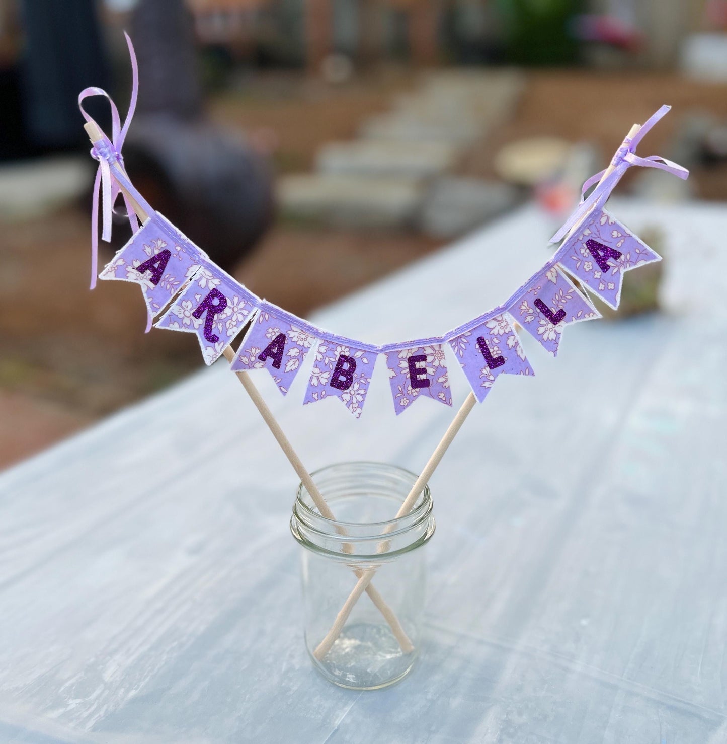 Liberty Fabric Cake Topper Bunting: Glitter Letters, Linen Backing, Satin Ribbon, Keepsake Banner