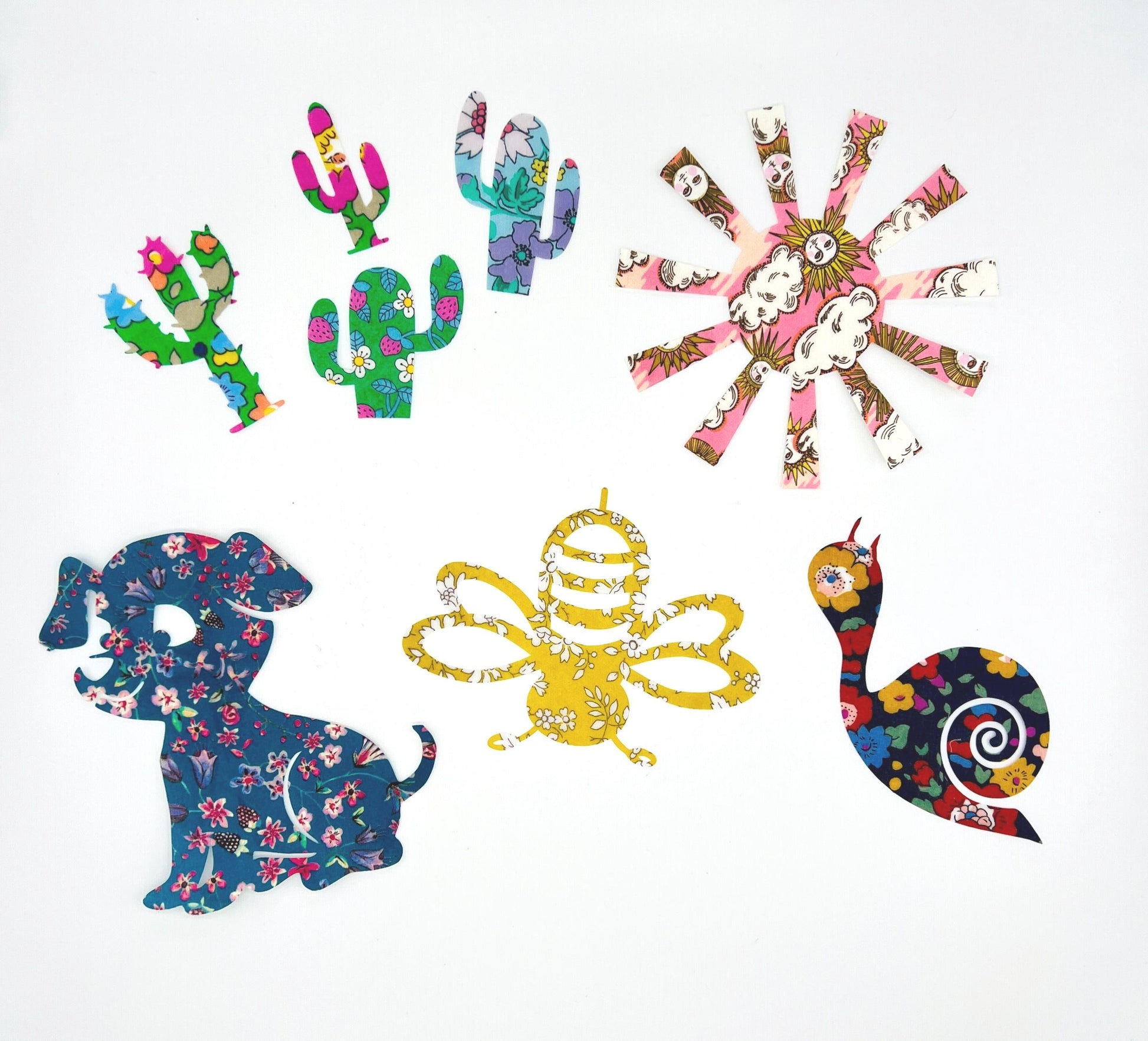 Non Gender Onesie Decorating Kit with easy no sew animal + nature Iron Ons, each in different Liberty of London fabrics, Baby shower crafts