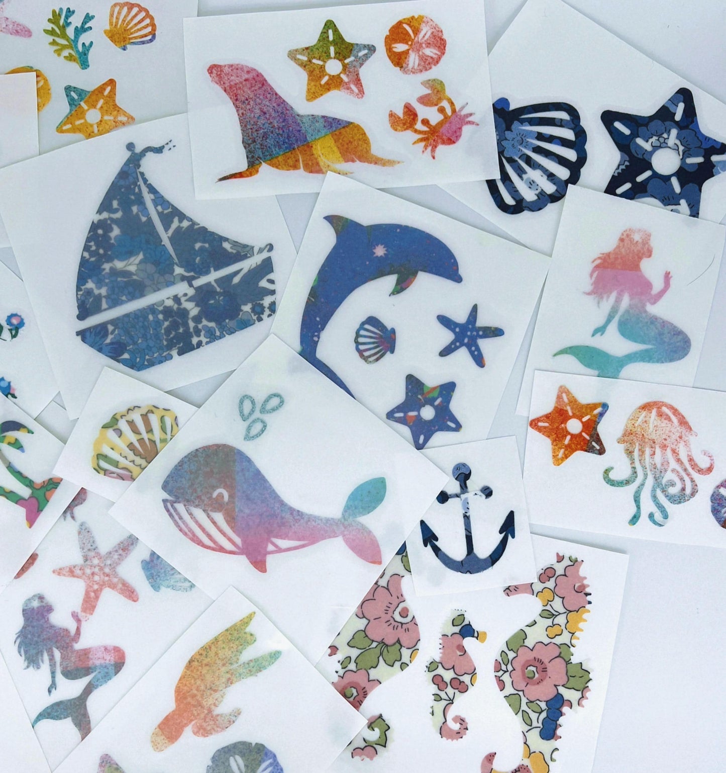 Onesie and Bib Decorating Kit - Customize these Charming Seaside patches, iron on decals made with over 70 Liberty of London fabric!