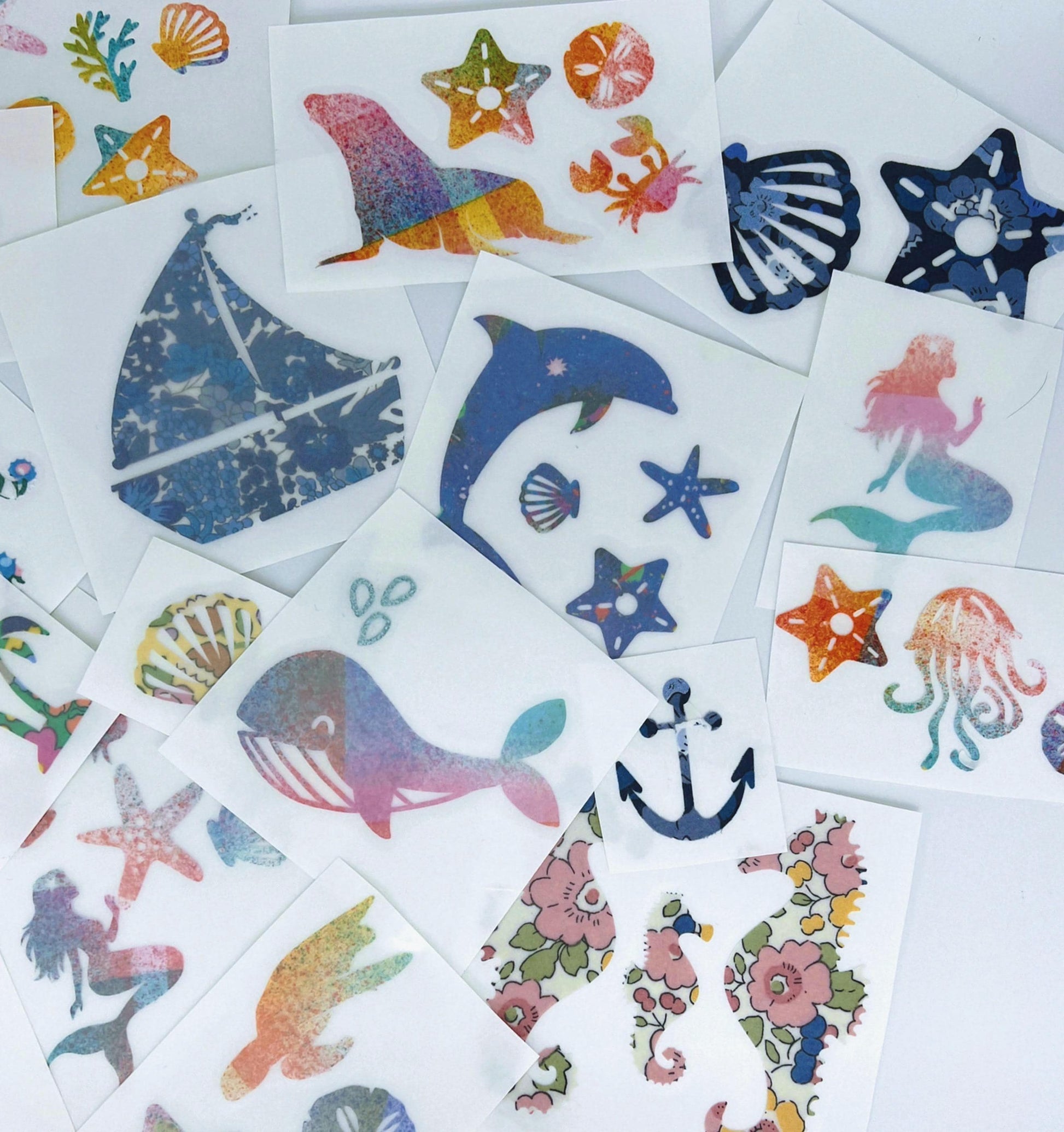 Onesie and Bib Decorating Kit - Customize these Charming Seaside patches, iron on decals made with over 70 Liberty of London fabric!