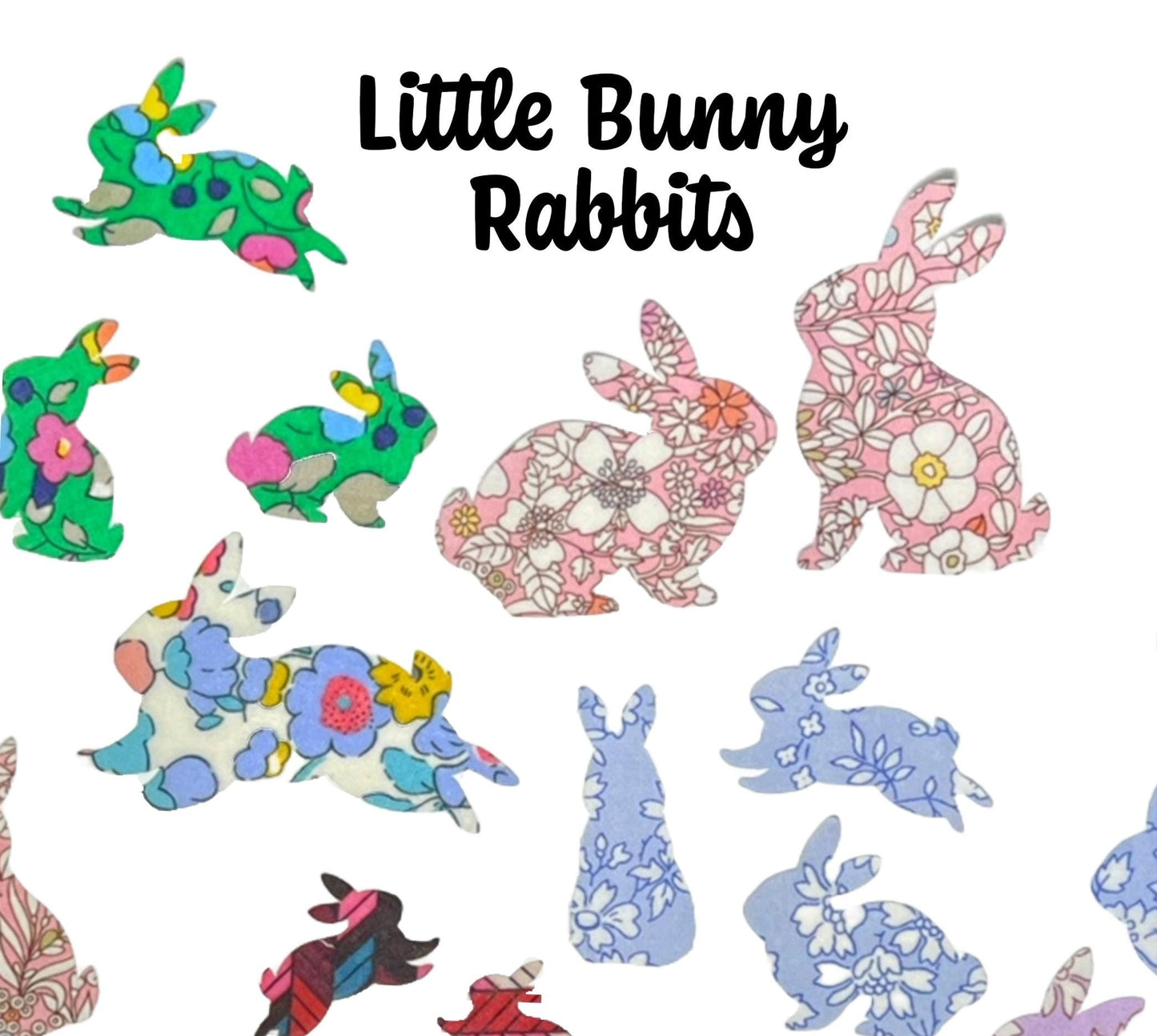Iron On Bunny Appliques, in over 70 Liberty fabric options, great for patchwork quilting, upcycling clothes, baby shower games and more!