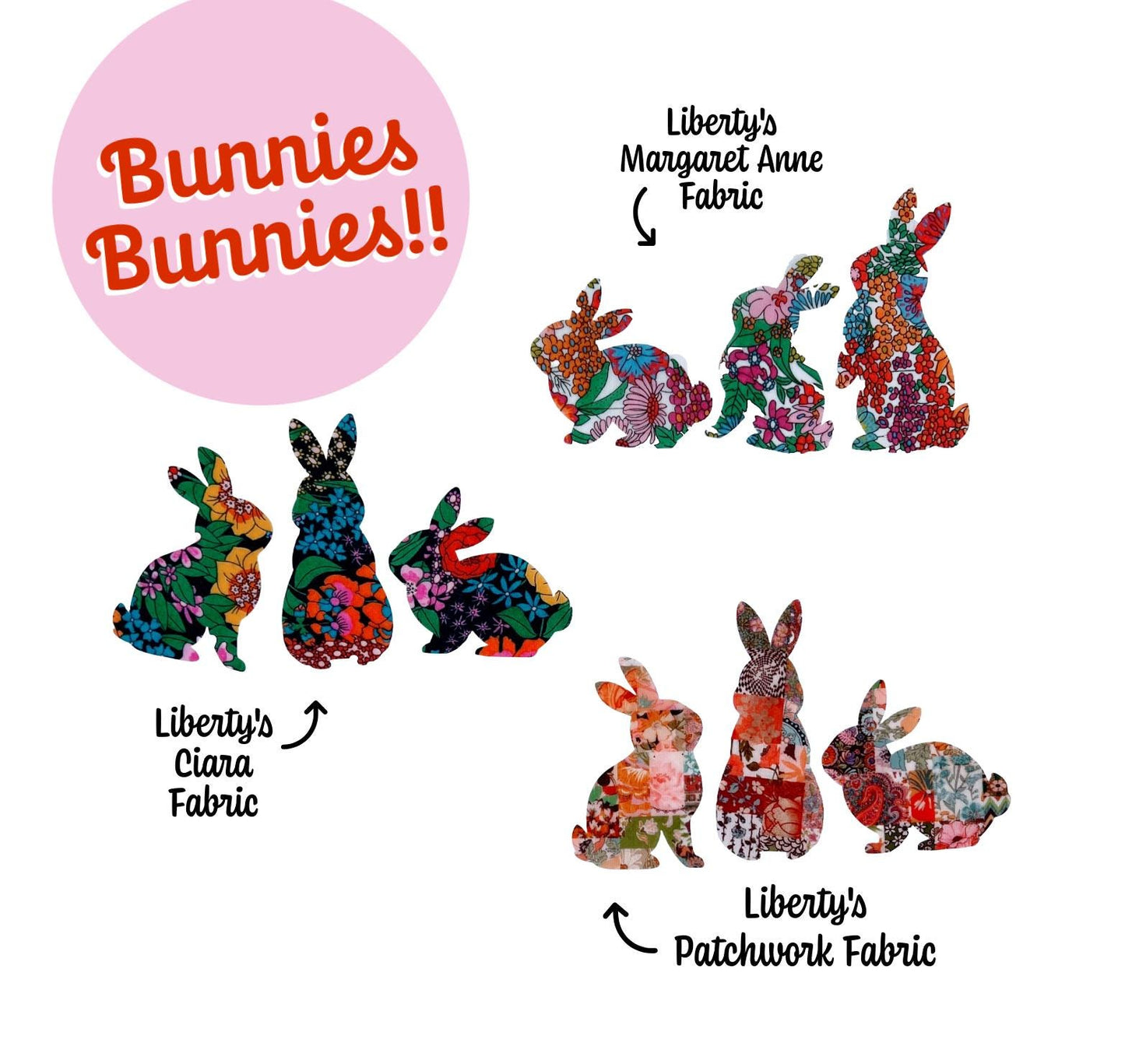 Iron On Bunny Appliques, in over 70 Liberty fabric options, great for patchwork quilting, upcycling clothes, baby shower games and more!