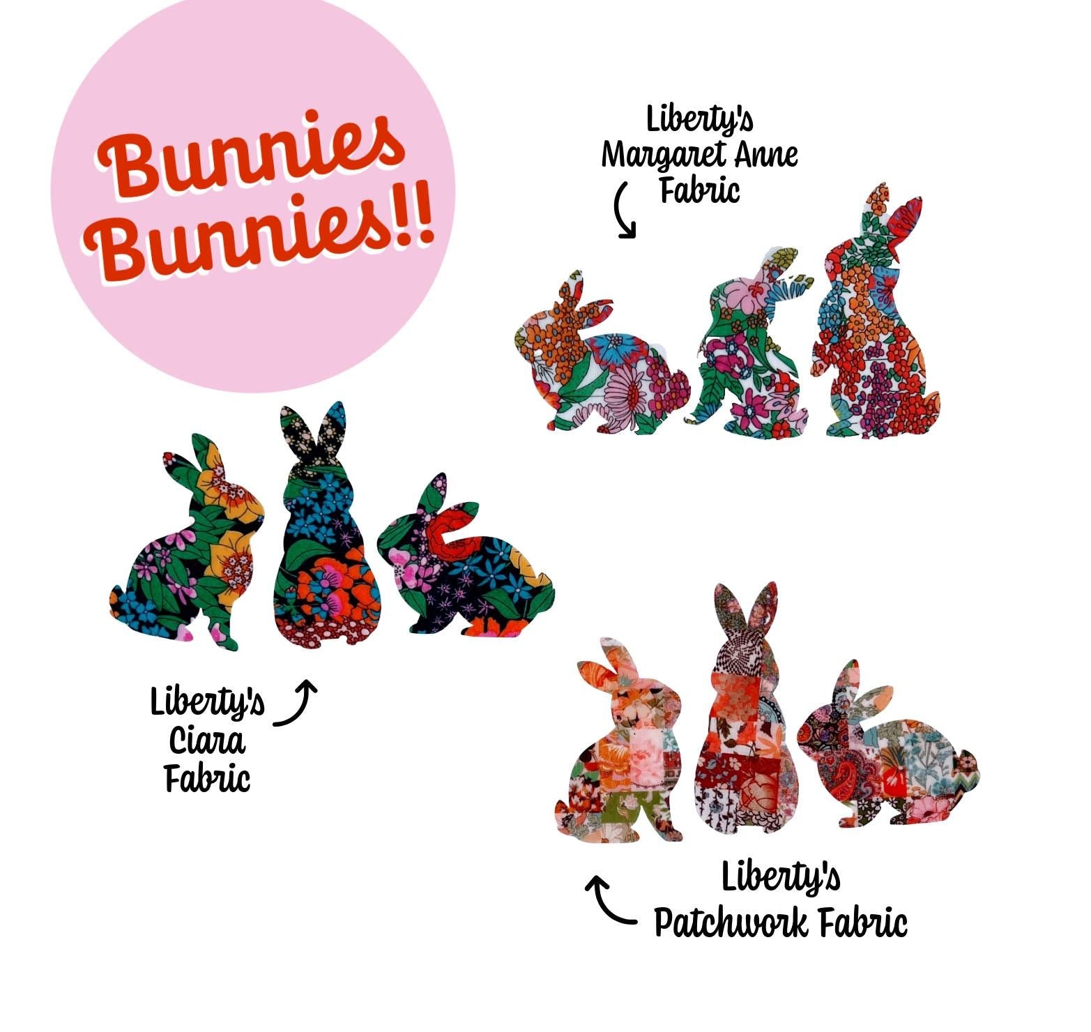 Iron On Bunny Appliques, in over 70 Liberty fabric options, great for patchwork quilting, upcycling clothes, baby shower games and more!