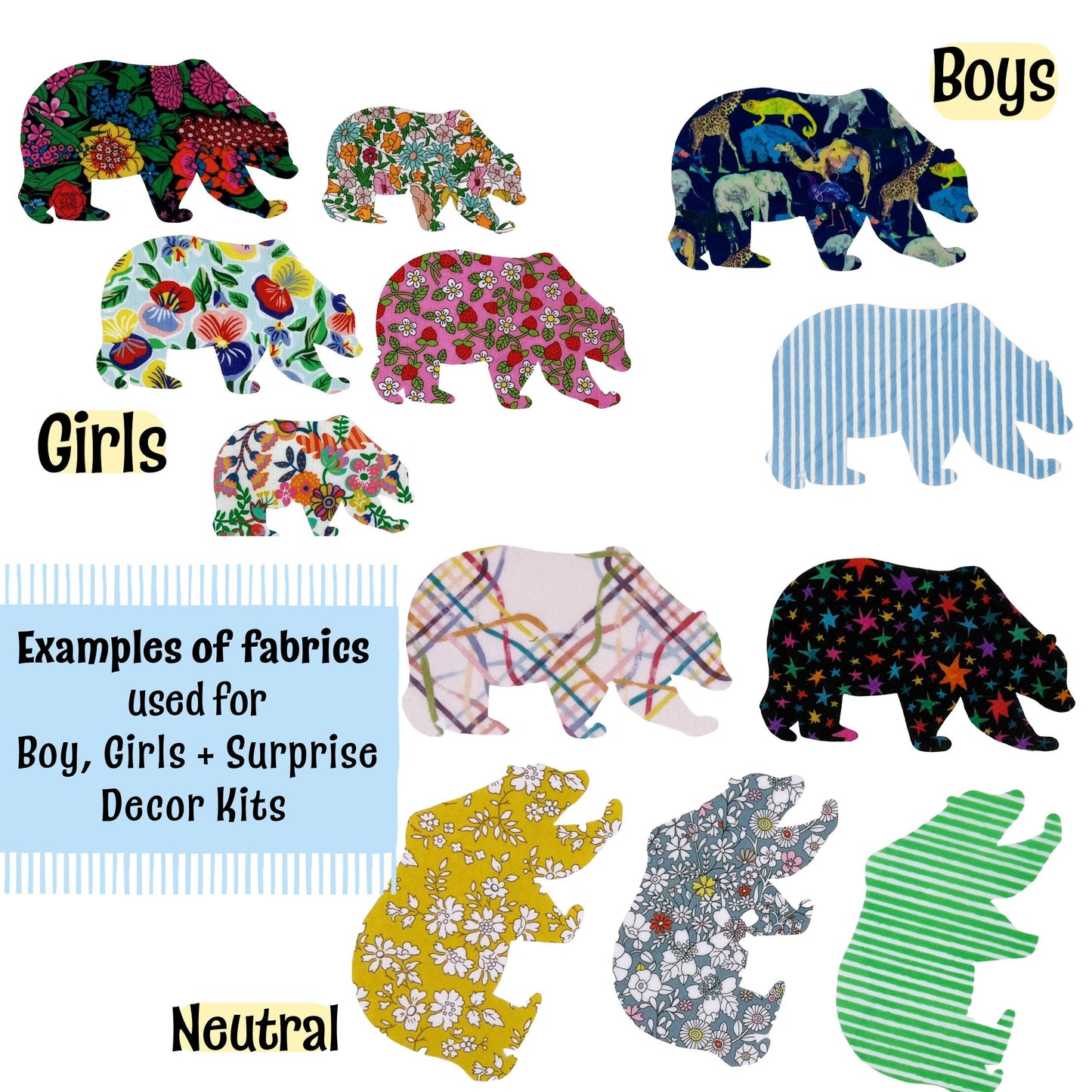 Mama and Baby Animal Onesie Decorating Kit with easy no sew Iron Ons, each in a different Liberty of London fabrics, Baby shower crafts