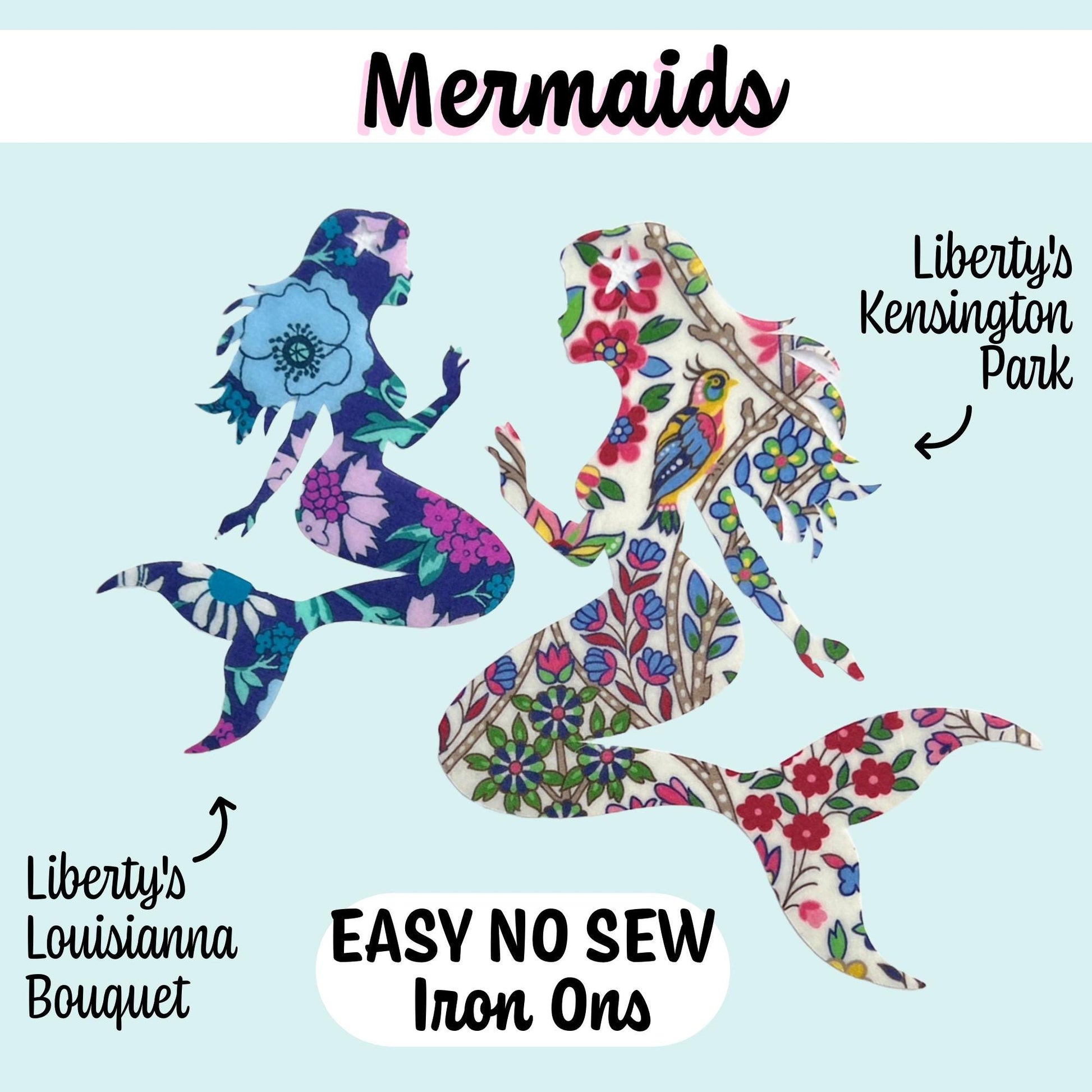 Mermaid iron on fabric appliques, variety of Liberty of London fabric to choose from, perfect for upcycling, DIY crafts, patchwork quilting