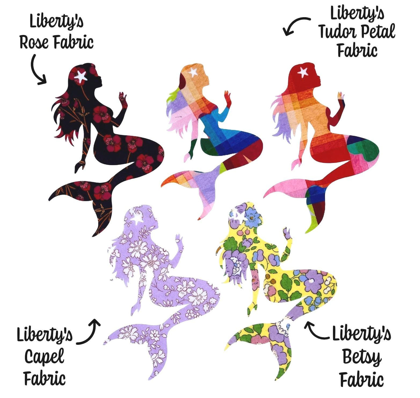 Mermaid iron on fabric appliques, variety of Liberty of London fabric to choose from, perfect for upcycling, DIY crafts, patchwork quilting