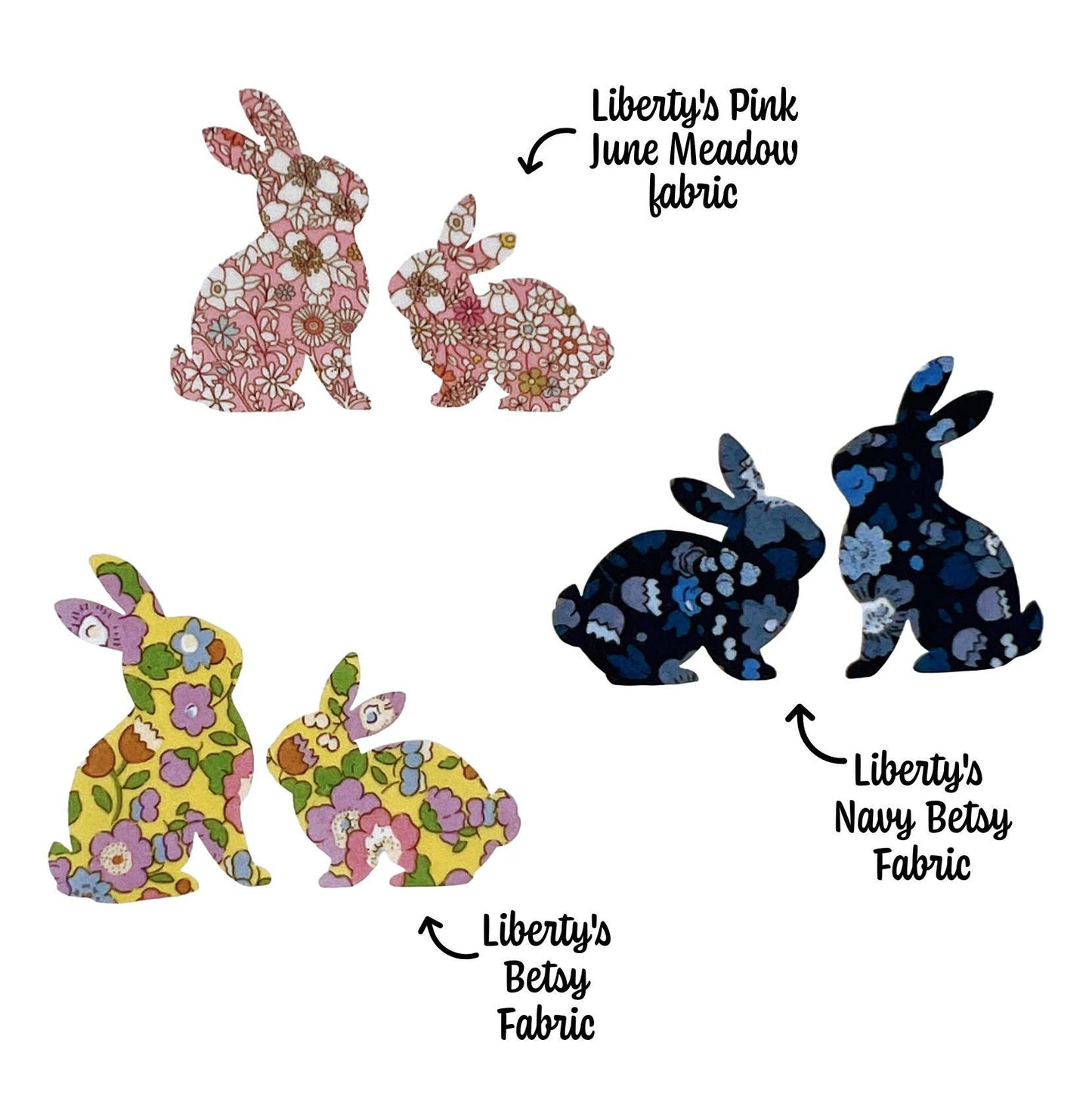 Iron On Bunny Appliques, in over 70 Liberty fabric options, great for patchwork quilting, upcycling clothes, baby shower games and more!