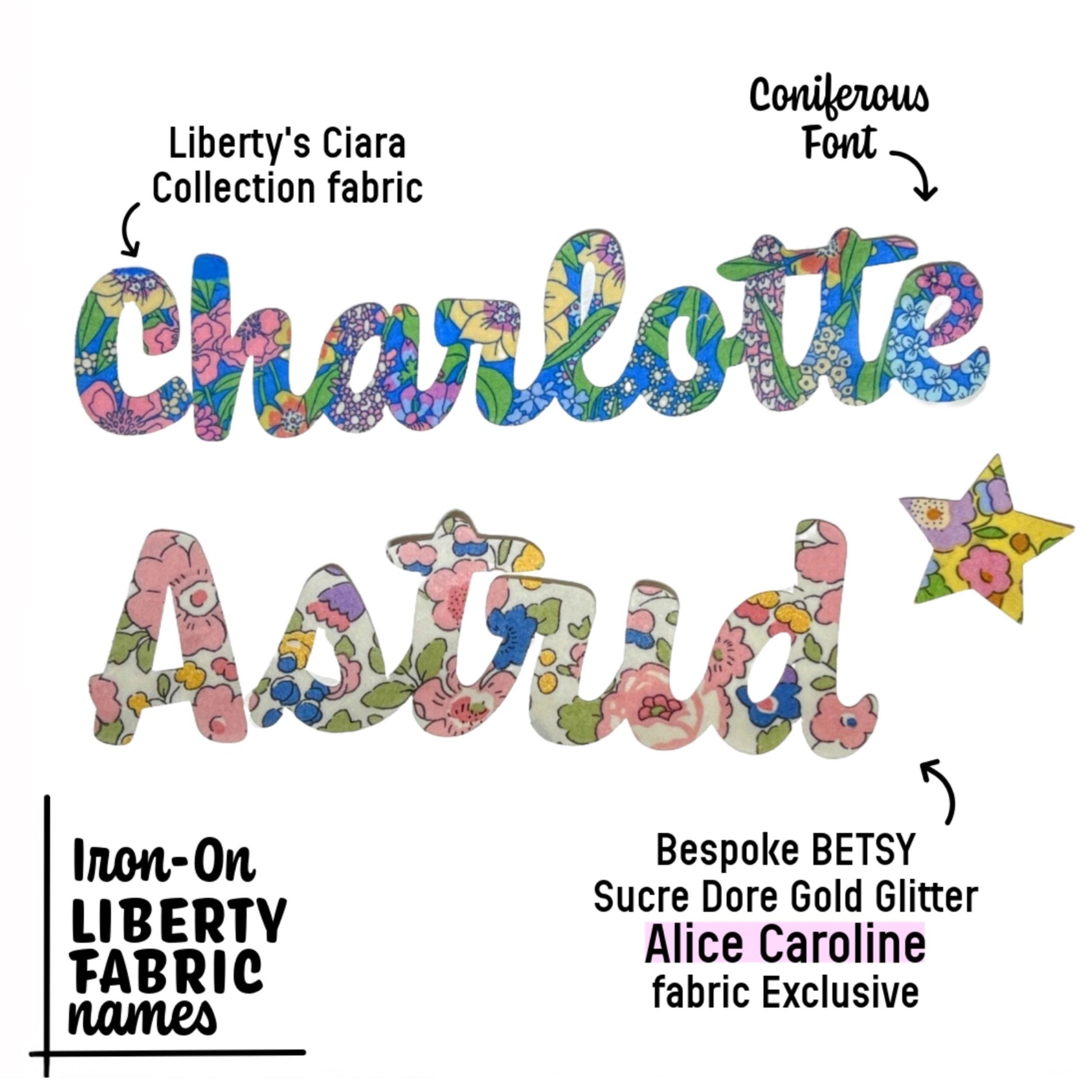 Iron on Script Names in colorful Liberty fabric, Coniferous Font, Personalize quilts + more! Easy No Sew or Stitchable Iron on backing!