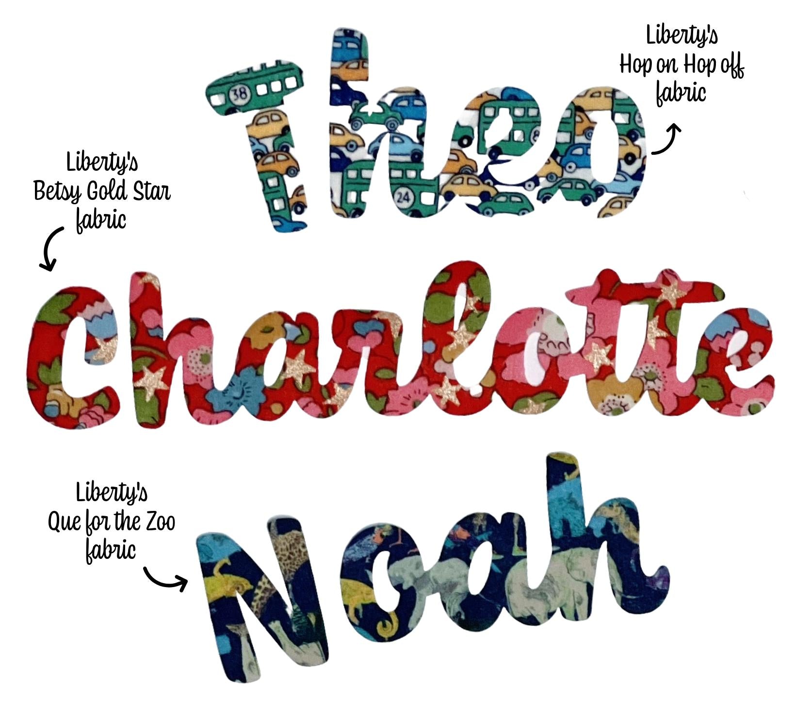 Iron on Script Names in colorful Liberty fabric, Coniferous Font, Personalize quilts + more! Easy No Sew or Stitchable Iron on backing!