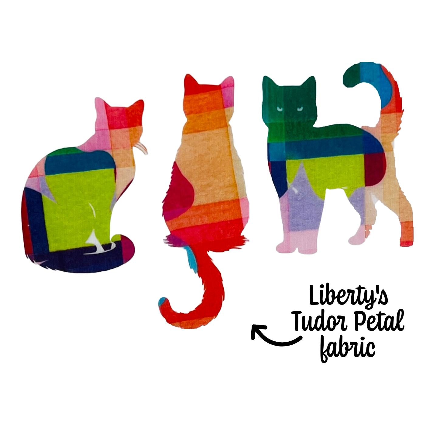 Set of 3 Cats, Iron on fabric Cat Applique, 70 Liberty fabrics, for patchwork quilting, upcycling clothes, Baby Shower Onesie Decorating Kit