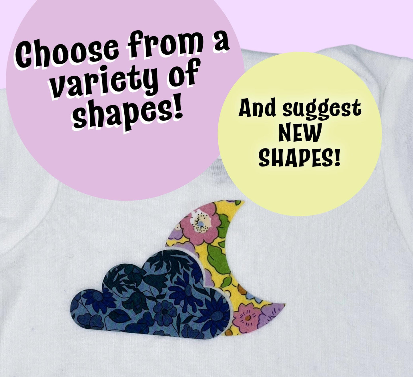 Baby Girl Onesie Decorating Station Kit with playful Iron On shapes, each in a different Liberty of London fabrics, Baby Shower Activities
