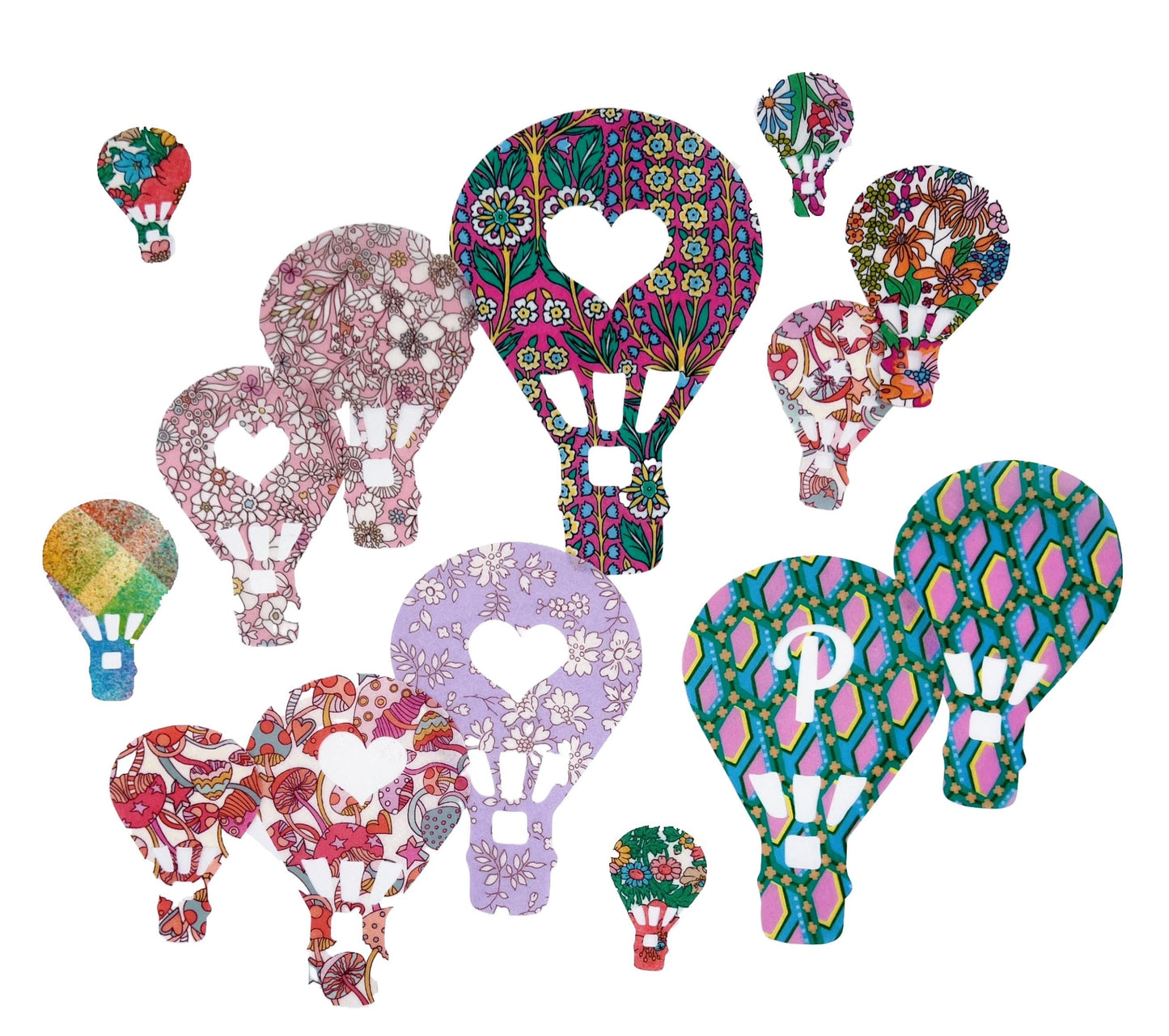 Hot Air Balloon Iron on fabric Applique in Liberty of London fabrics, great for patchwork quilts, kids arts and crafts, baby shower games!