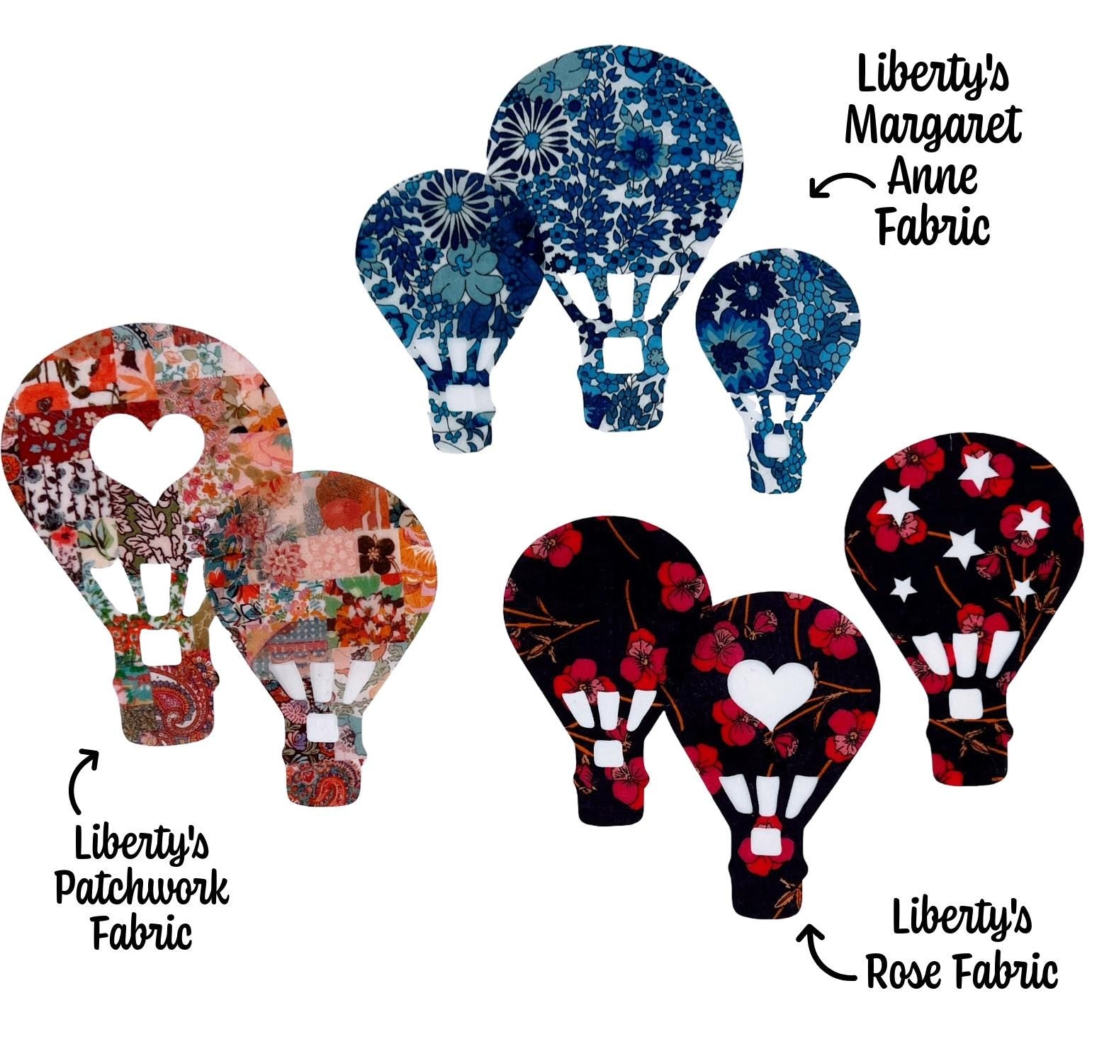Hot Air Balloon Iron on fabric Applique in Liberty of London fabrics, great for patchwork quilts, kids arts and crafts, baby shower games!