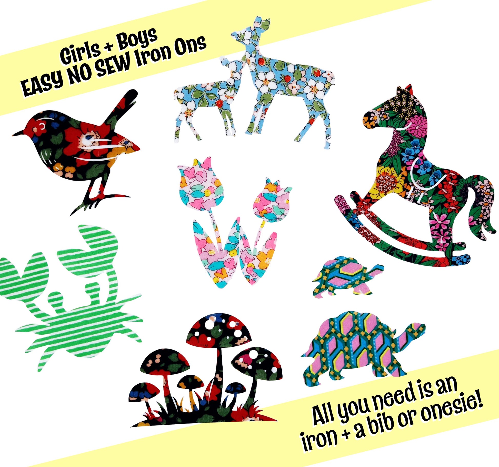 Mama and Baby Animal Onesie Decorating Kit with easy no sew Iron Ons, each in a different Liberty of London fabrics, Baby shower crafts