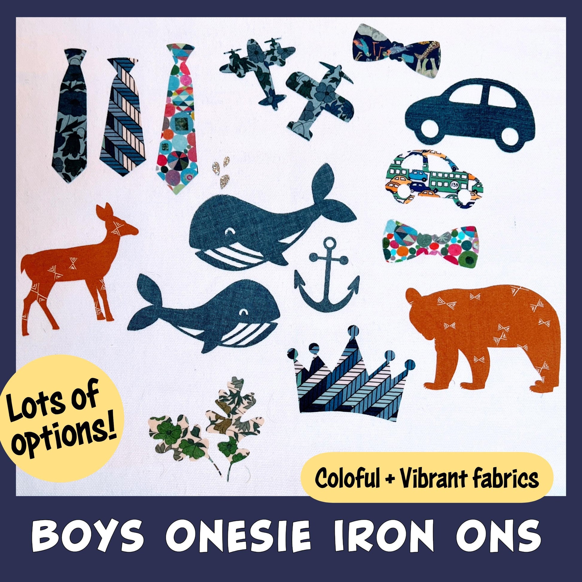 Boys Onesie & Bib Decorating Kit: Easy No Sew Iron On Liberty fabric Appliques in a variety of playful BOY shapes, Baby Shower to Remember!