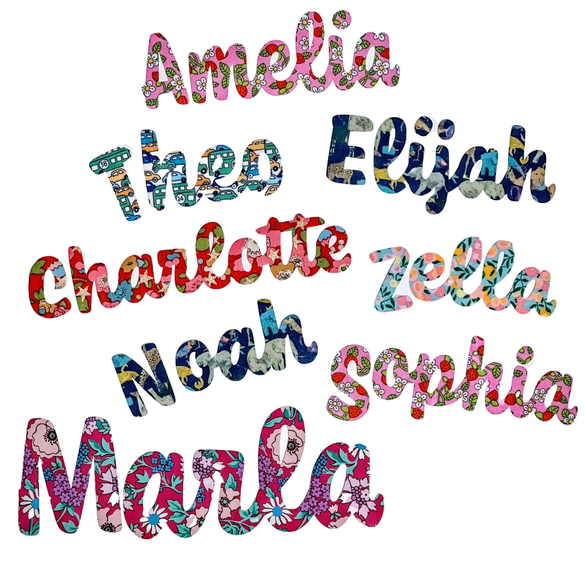Iron on Script Names in colorful Liberty fabric, Coniferous Font, Personalize quilts + more! Easy No Sew or Stitchable Iron on backing!