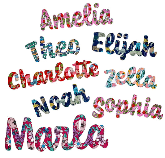 Iron on Script Names in colorful Liberty fabric, Coniferous Font, Personalize quilts + more! Easy No Sew or Stitchable Iron on backing!