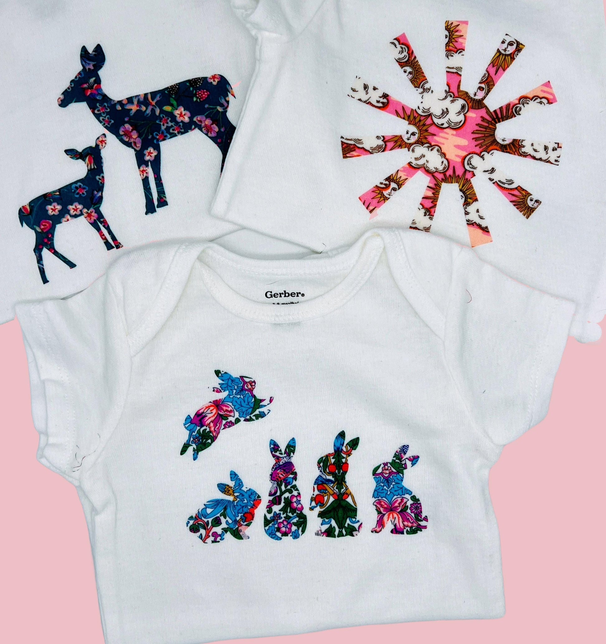 Baby Girl Onesie Decorating Station Kit with playful Iron On shapes, each in a different Liberty of London fabrics, Baby Shower Activities