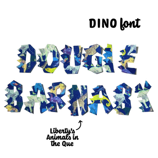 Iron-on Names in DINO font, in over 70 Liberty fabric options with no sew/ stitchable iron on backing, Boys room decor or packback patches!
