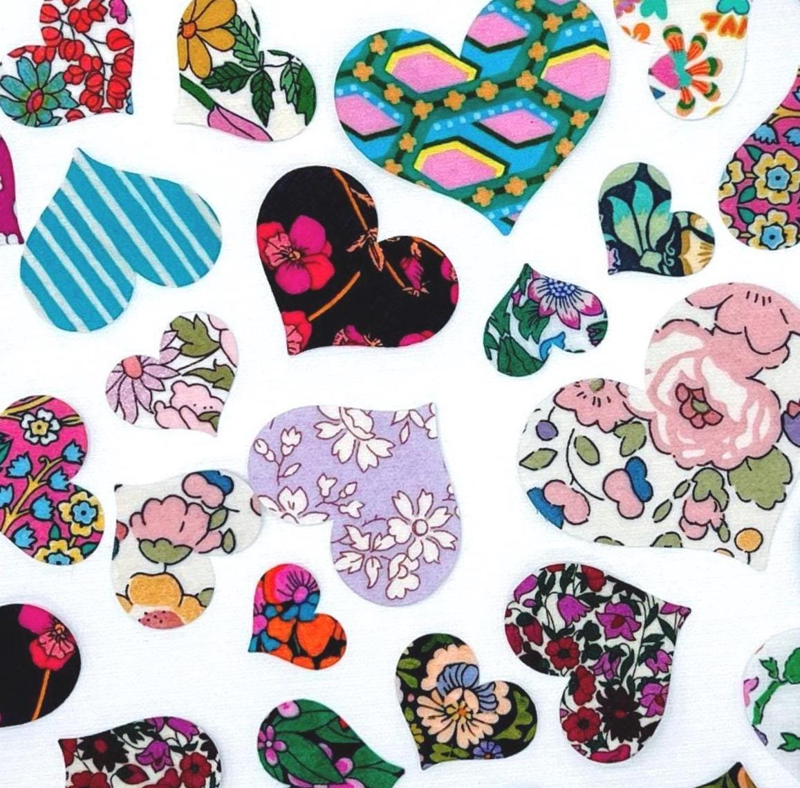 10-50 Liberty fabric Heart Appliques: Patchwork, Quilting, Upcycling clothes, scrapbooking, crafts- No Sew or Stitchable Iron on Backing