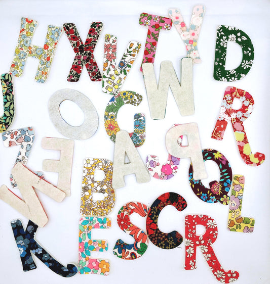 ABC Set with felt backing, perfect for kids arts and crafts! Billboards, classrooms, Each letter is in a different Liberty floral fabric