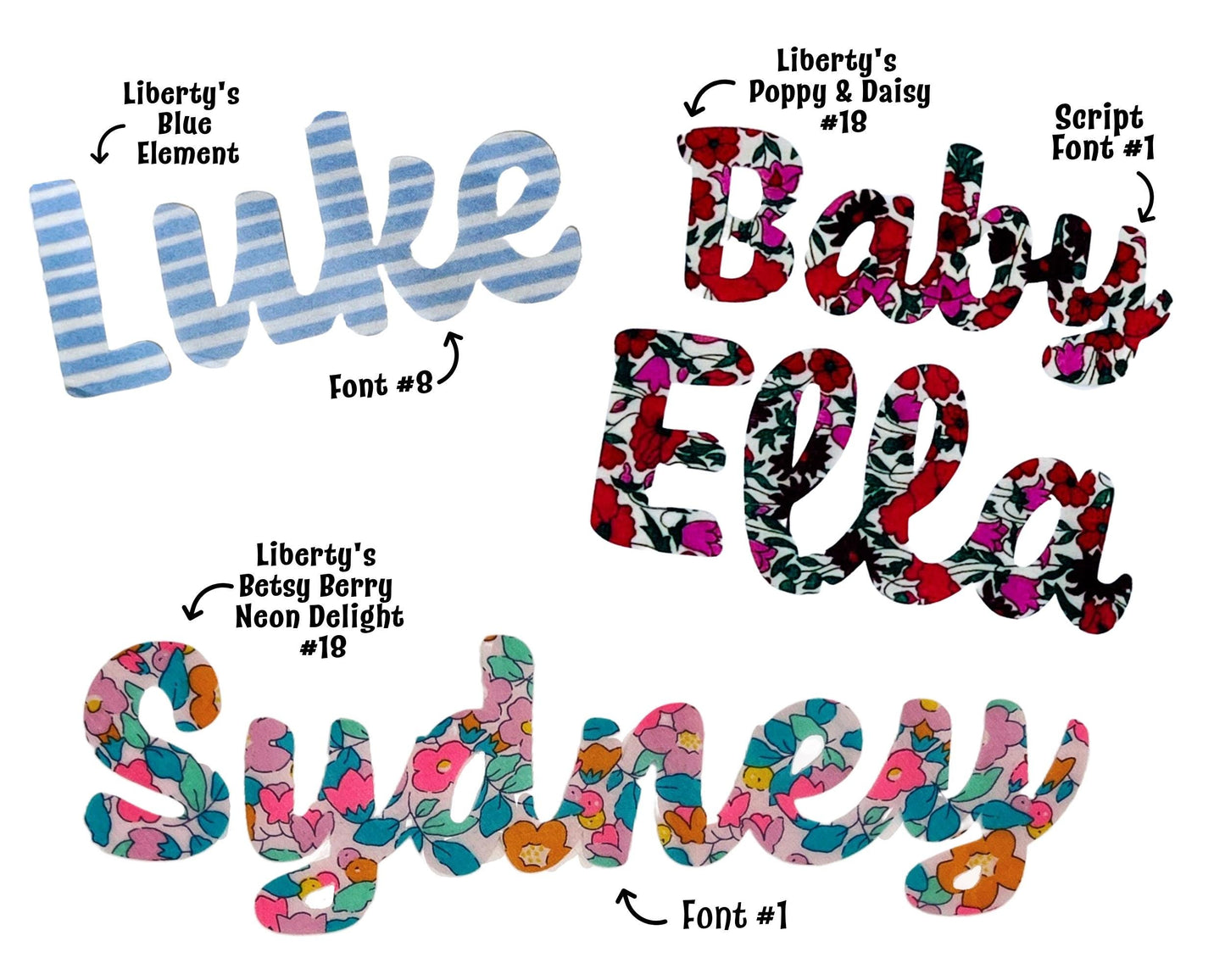 Iron on Script Names in colorful Liberty fabric, Coniferous Font, Personalize quilts + more! Easy No Sew or Stitchable Iron on backing!