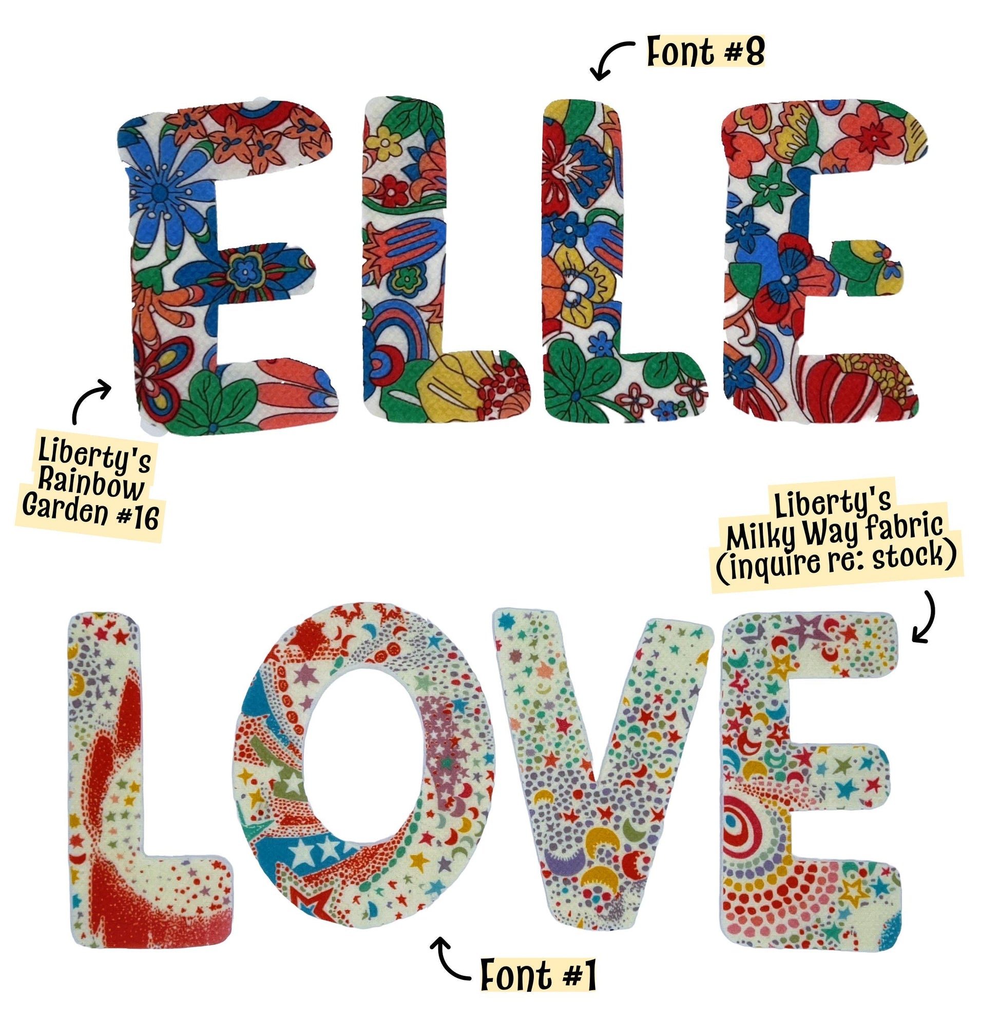 Iron on fabric letters, Liberty of London fabric options pre cut letters + numbers, no sew iron on letters, letter patches, Liberty patches