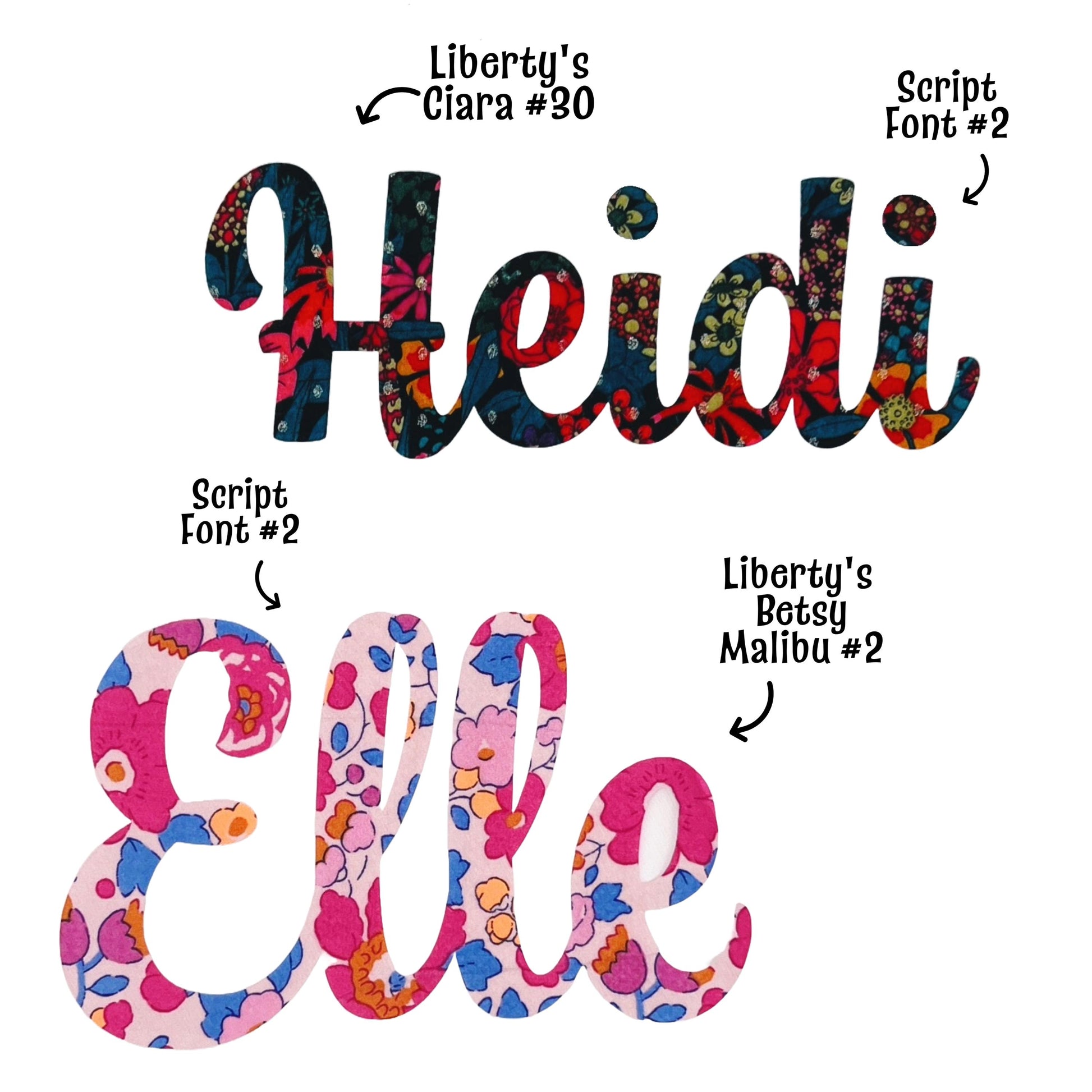 Iron on Script Names in colorful Liberty fabric, Coniferous Font, Personalize quilts + more! Easy No Sew or Stitchable Iron on backing!