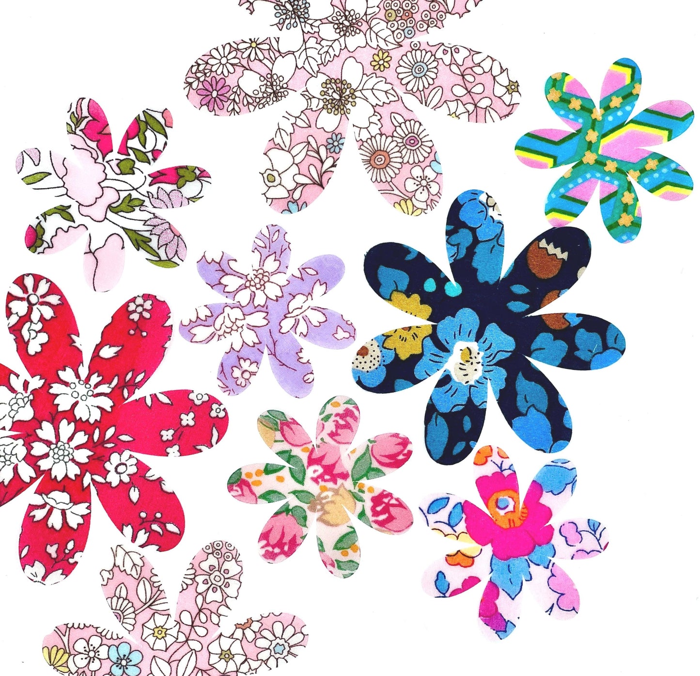 10-50 Grab Bag of Flower Appliques: An assortment of flower shapes cut from colorful Liberty of London fabric for quilting, crafts and more!