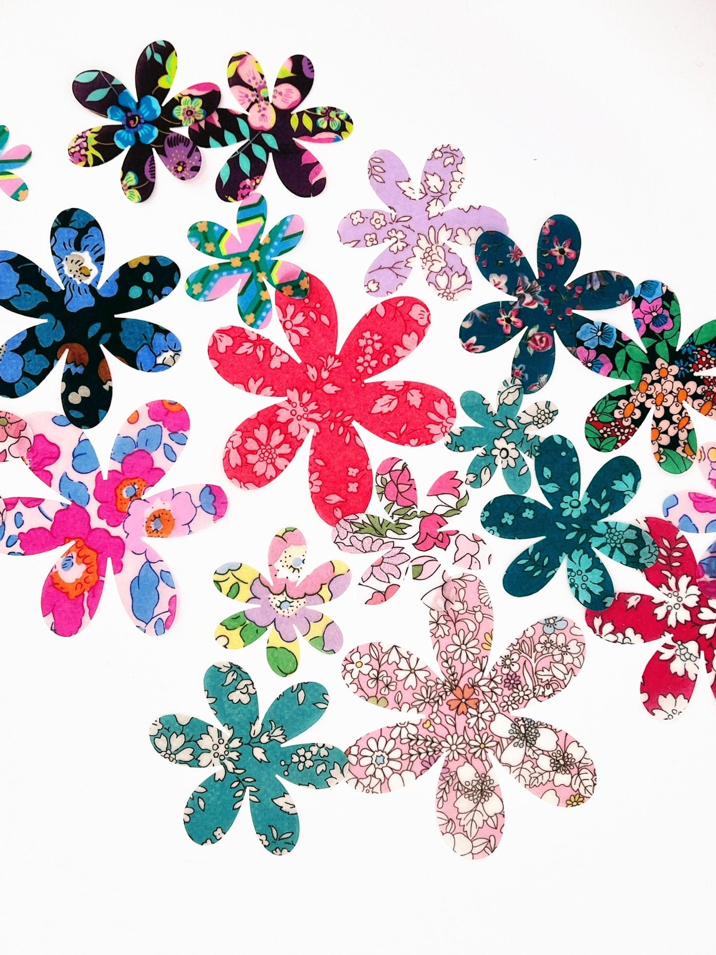10-50 Grab Bag of Flower Appliques: An assortment of flower shapes cut from colorful Liberty of London fabric for quilting, crafts and more!