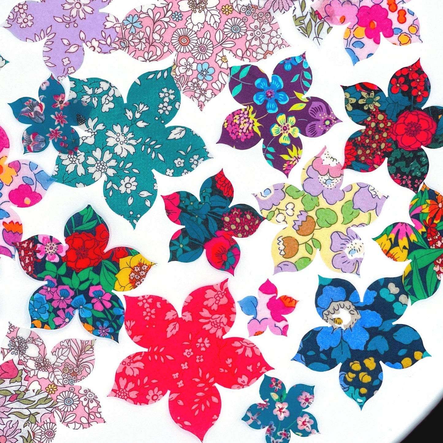 10-50 Grab Bag of Flower Appliques: An assortment of flower shapes cut from colorful Liberty of London fabric for quilting, crafts and more!